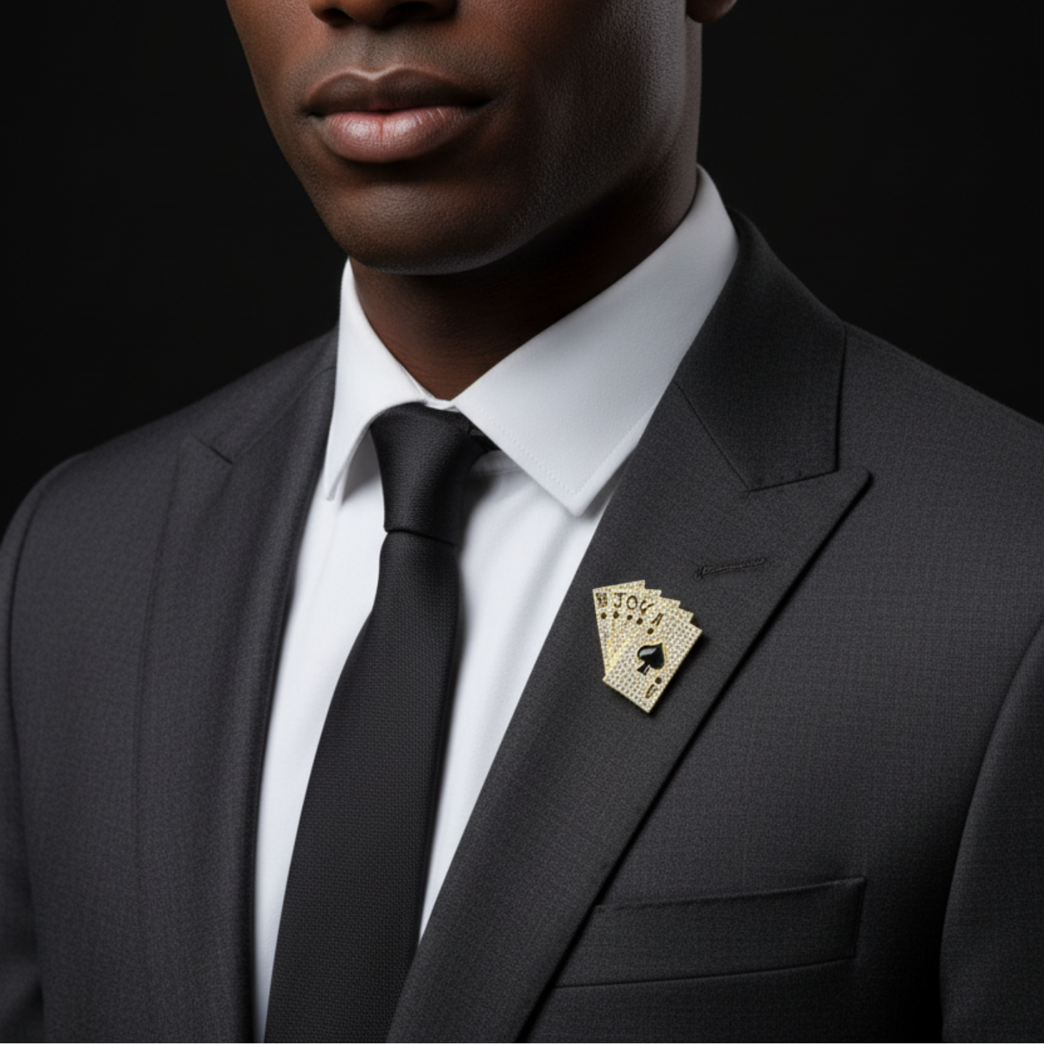 Man wearing a black suit with a white shirt and black tie against a dark background