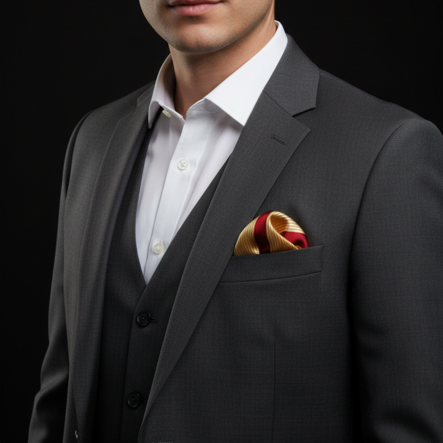 Man wearing gold and red stripe square