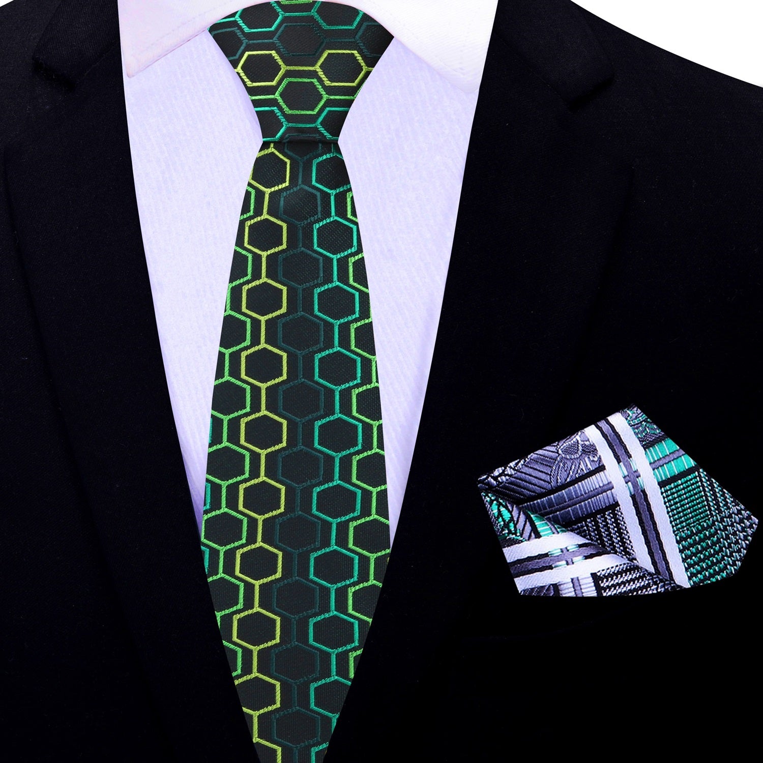 Black and Green honeycomb Thin Tie and Accenting Square