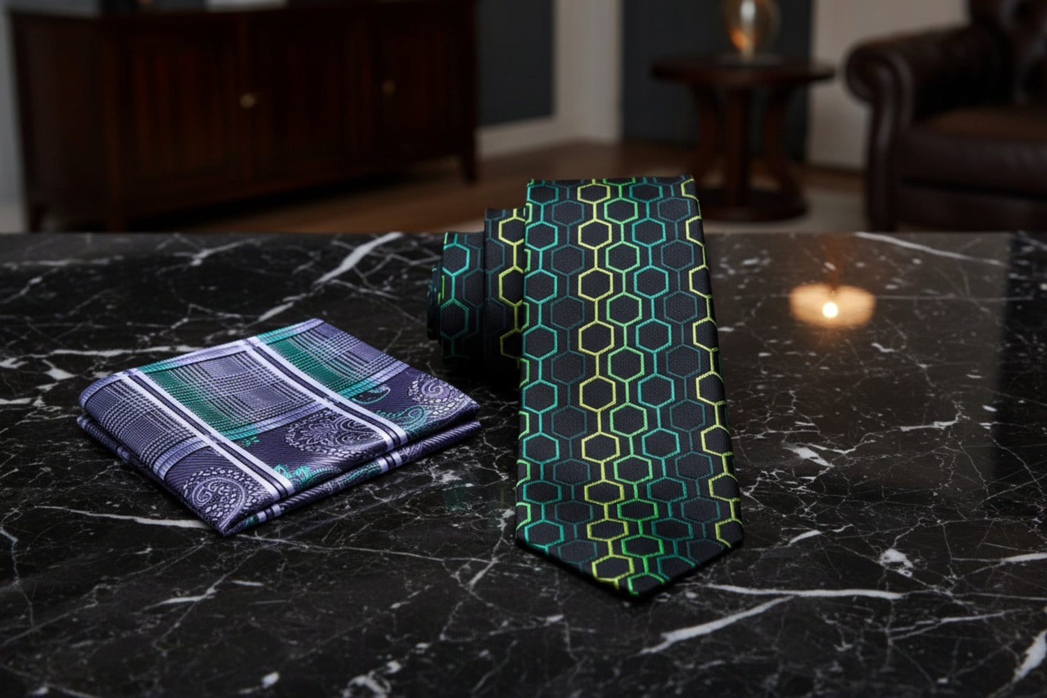 Alt Black and Green Honeycomb Geometric Necktie and Accenting square