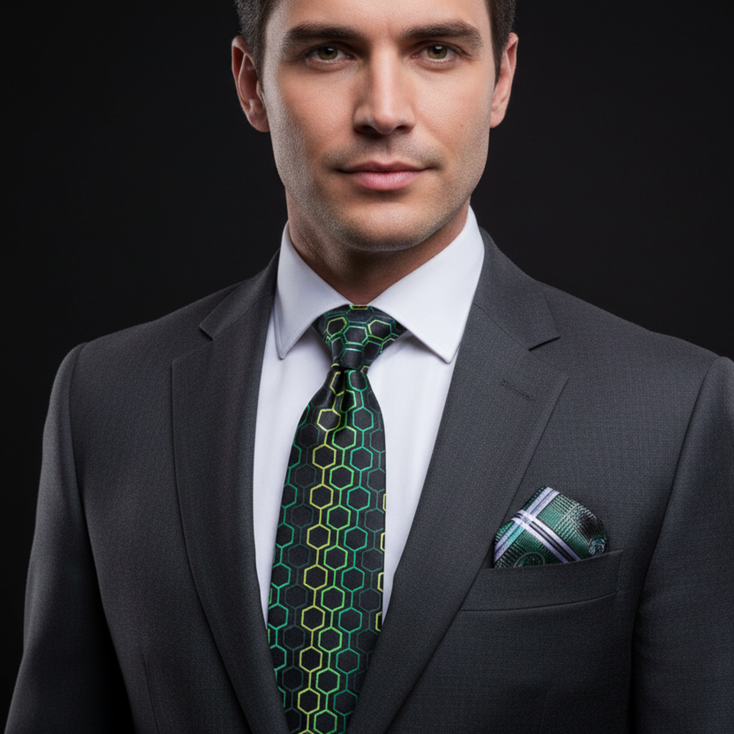 Man wearing a dark suit with a green patterned tie against a black background