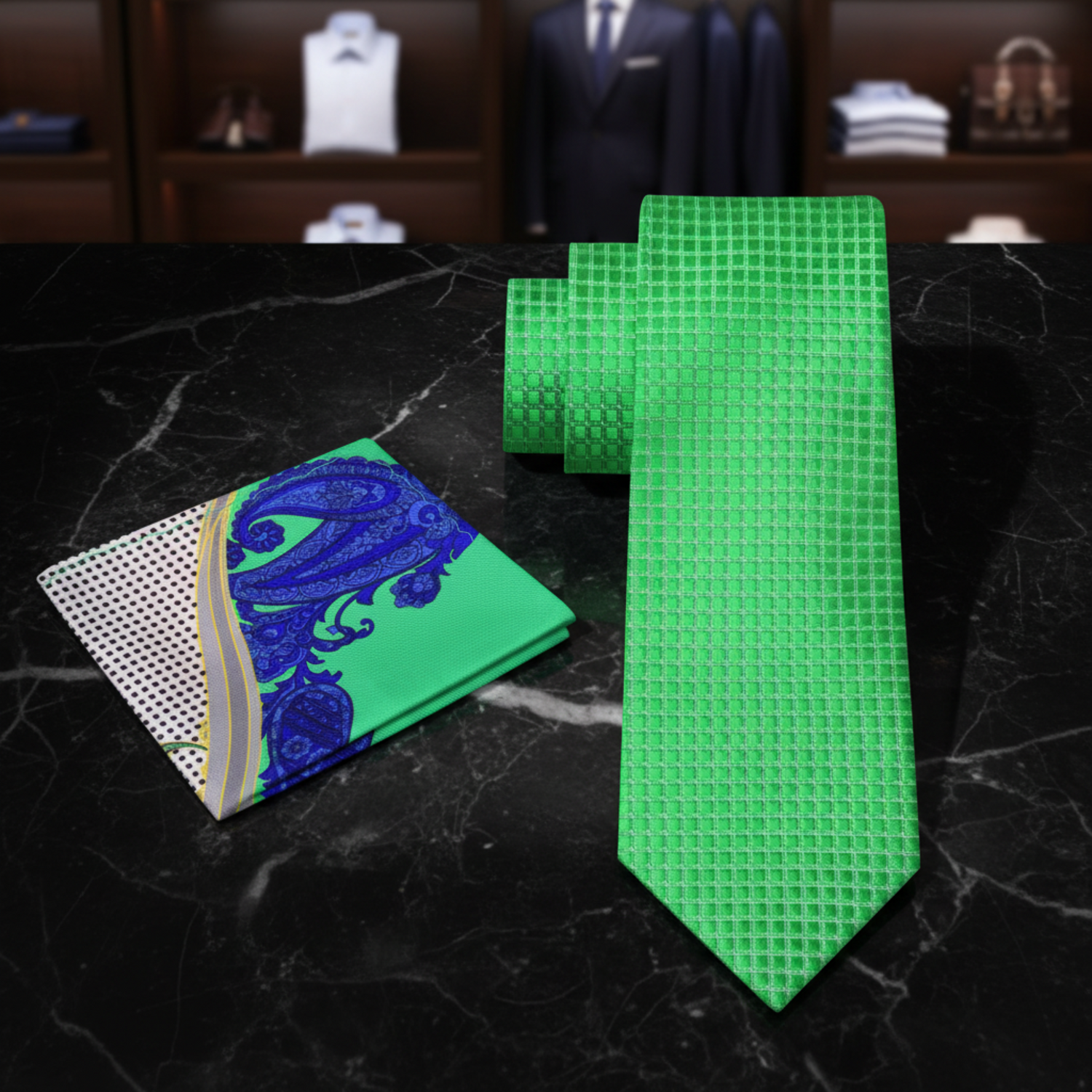 A men's necktie and pocket square set on a white background. The necktie is bright green with a small grid pattern.