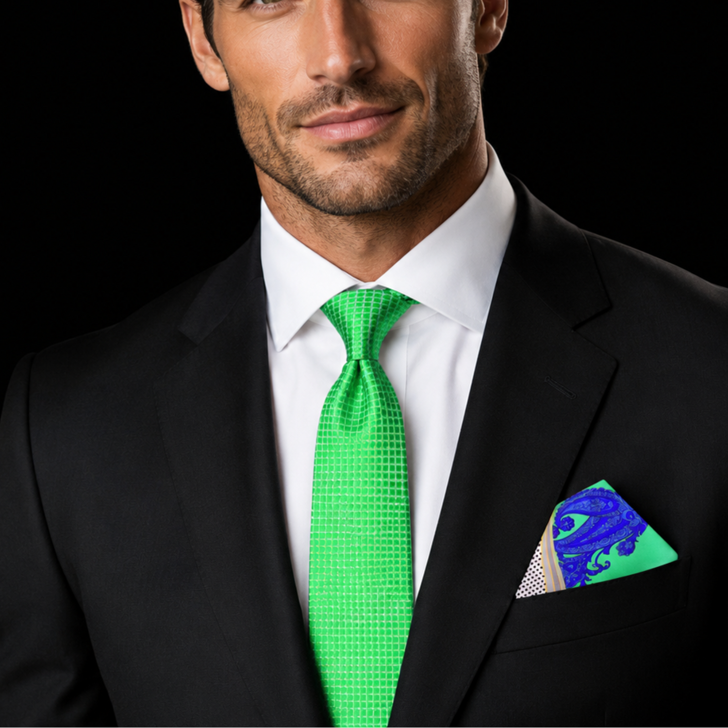 A man in a black suit, white dress shirt, and bright green textured tie, with a blue and green patterned pocket square, posed against a solid black background.