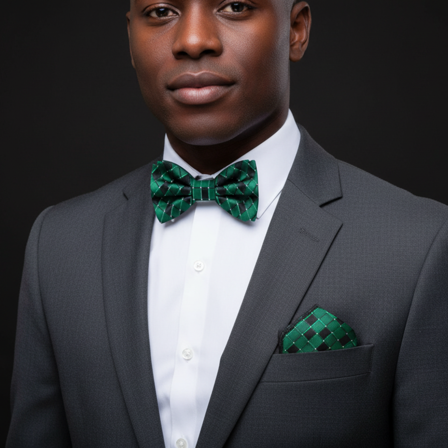 Man wearing a gray suit with a green bow tie and pocket square on a black background