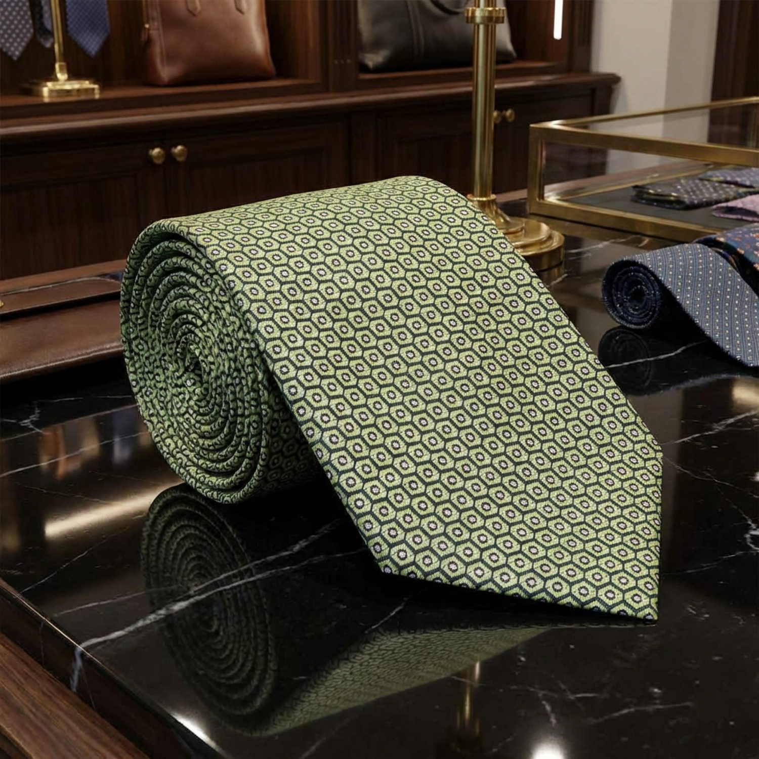 green geometric tie