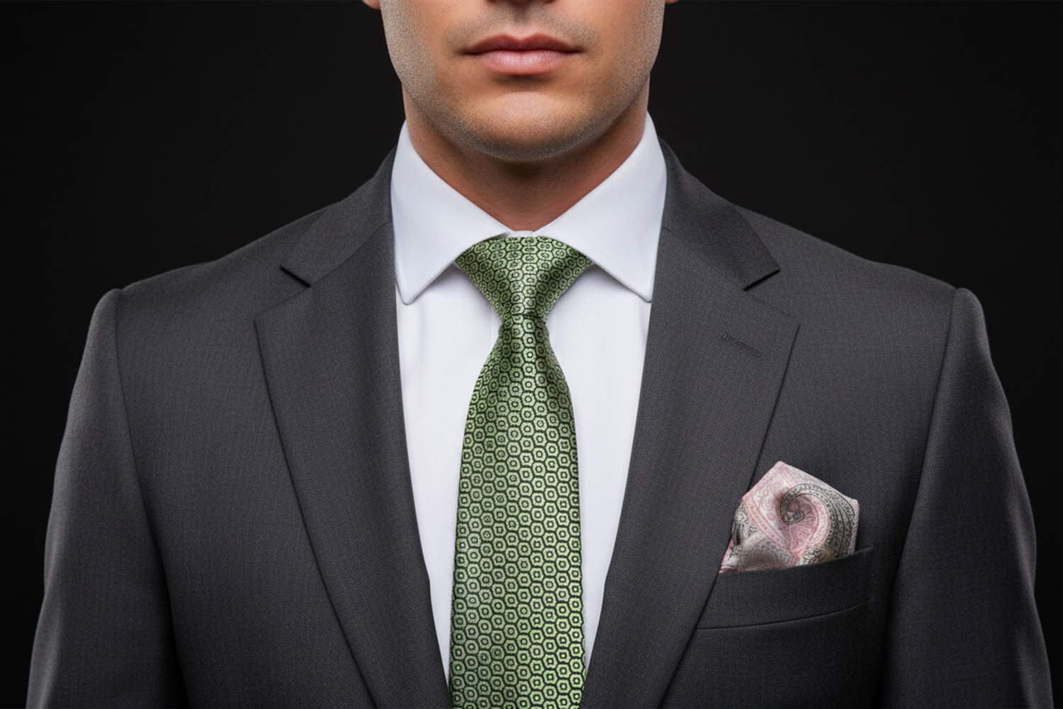 Man wearing a dark suit with a green tie and pocket square on a black background