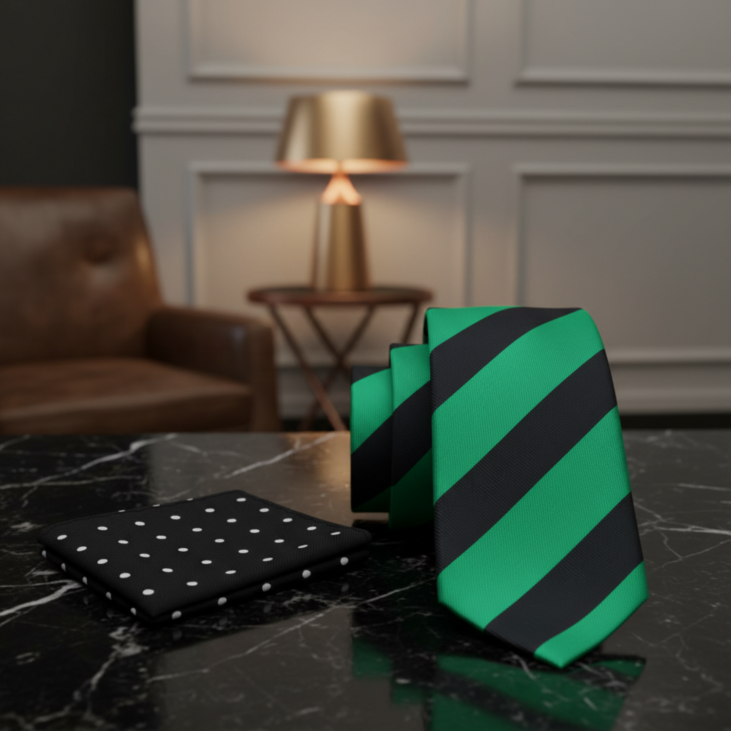 Alt Black and Green Block Stripe Necktie and Accenting Black and White Dot Square