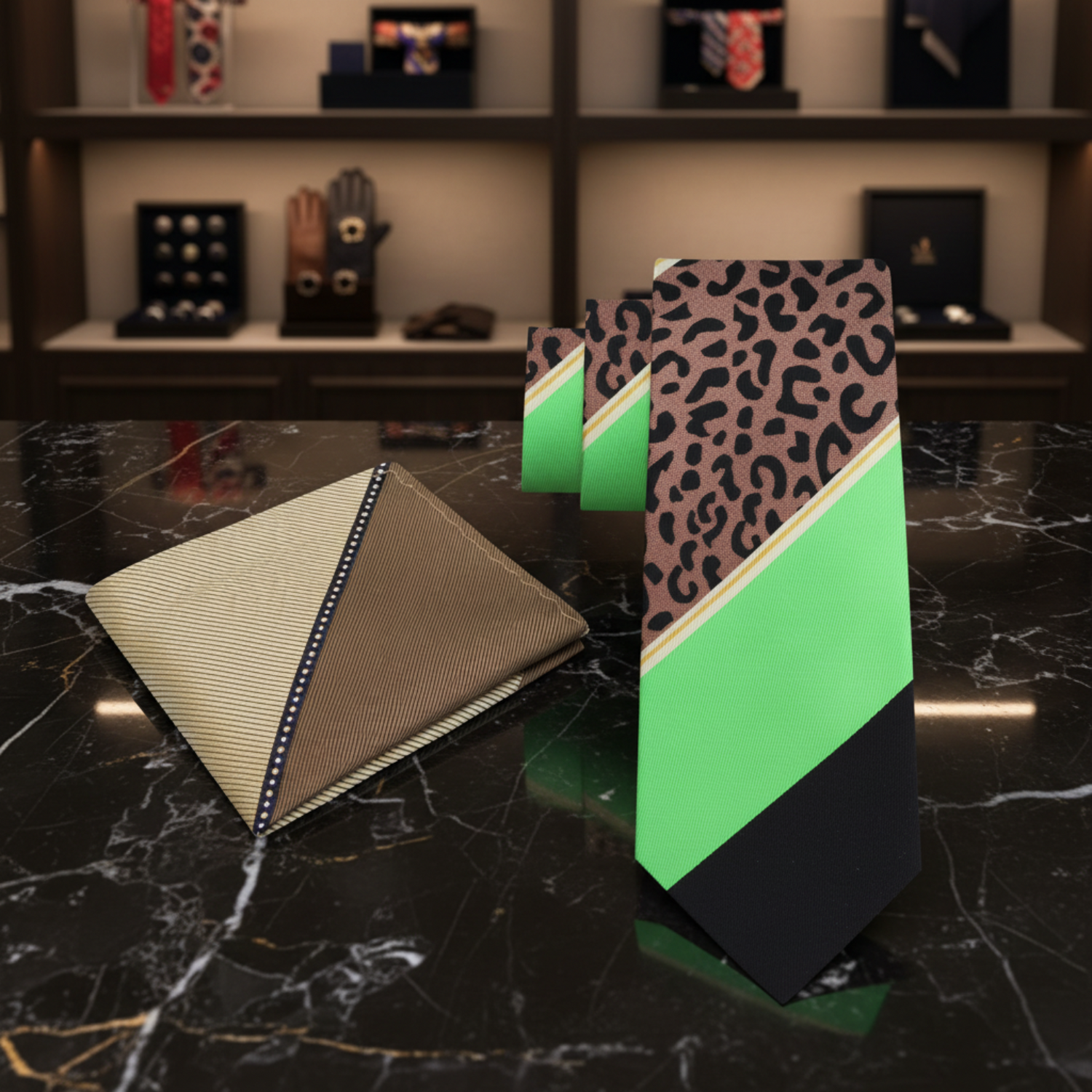 Alt Black, Brown, Green Cheetah Tie and Accenting Pocket Square