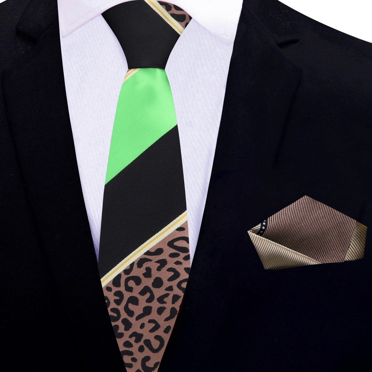 Thin Black, Brown, Green Cheetah Tie and Accenting Pocket Square
