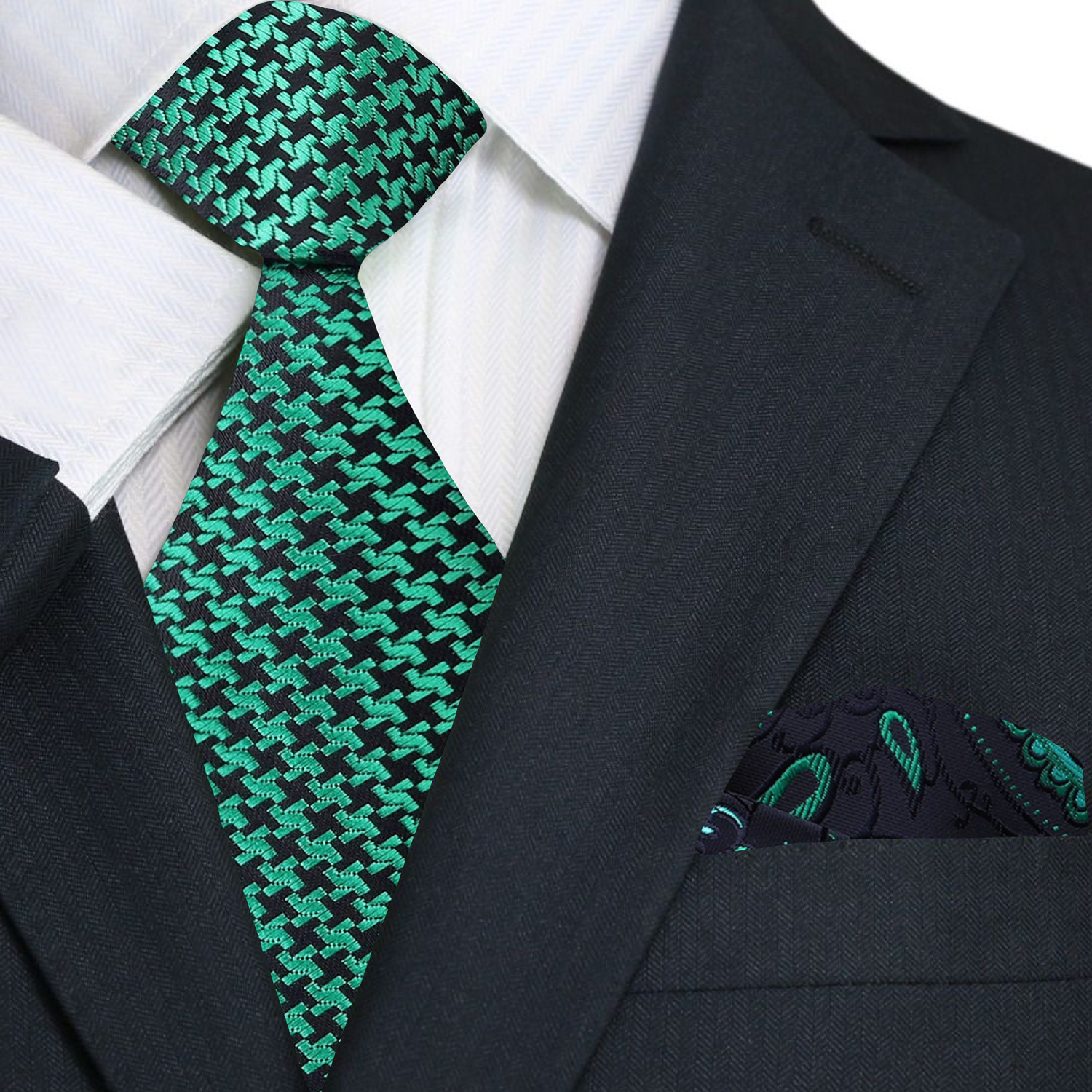 Premium Metallic Green and Black Hounds Tooth Tie with Black and Green Paisley Pocket Square