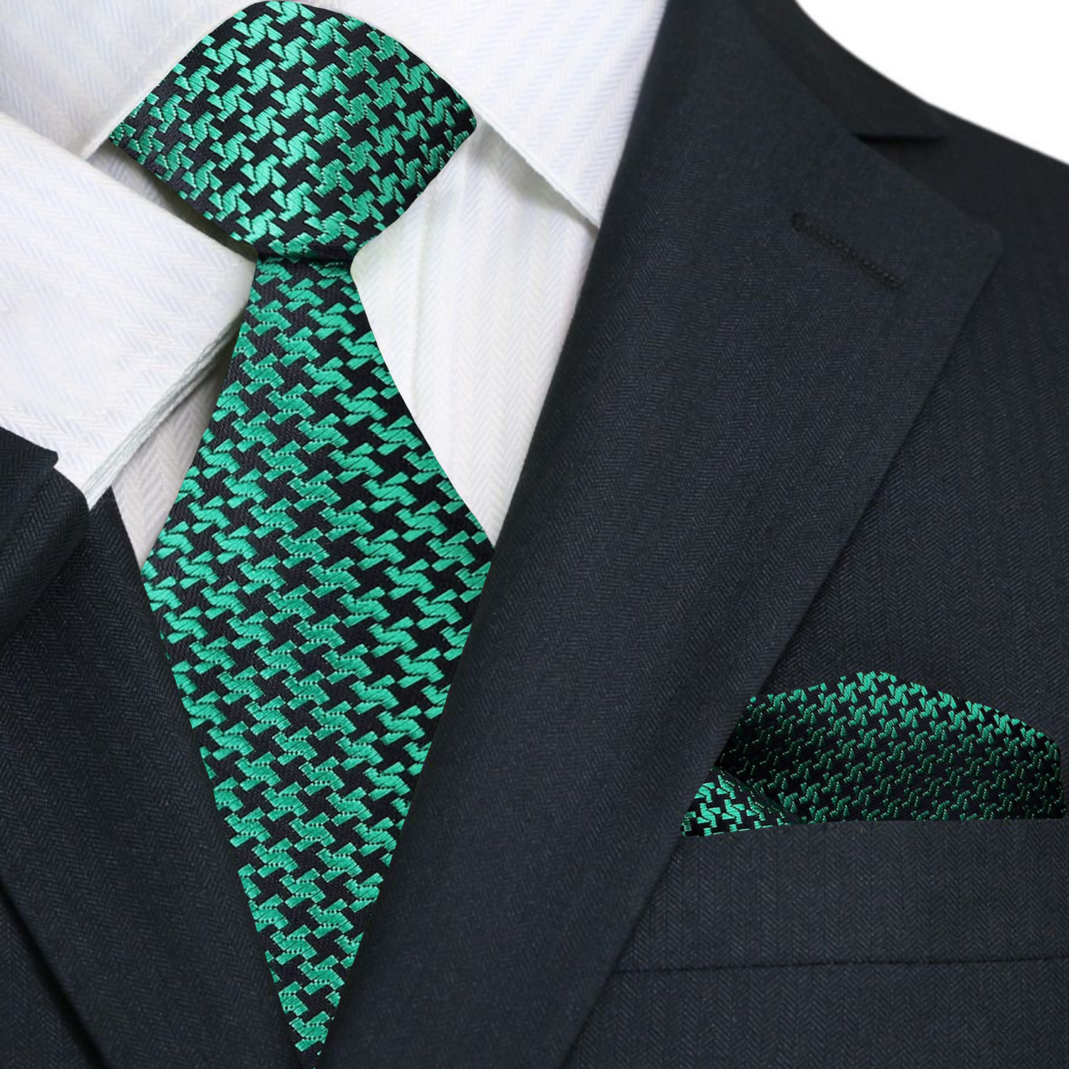 Premium Metallic Green and Black Hounds Tooth Tie with Pocket Square