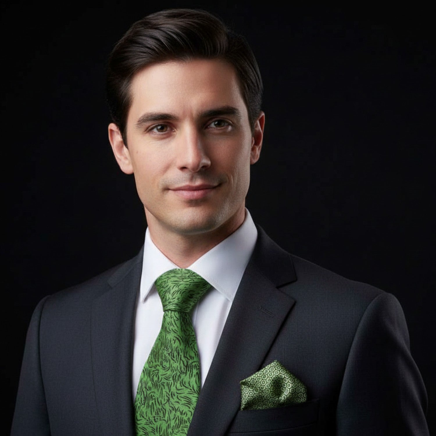 Man wearing a dark suit with a green tie and pocket square against a black background