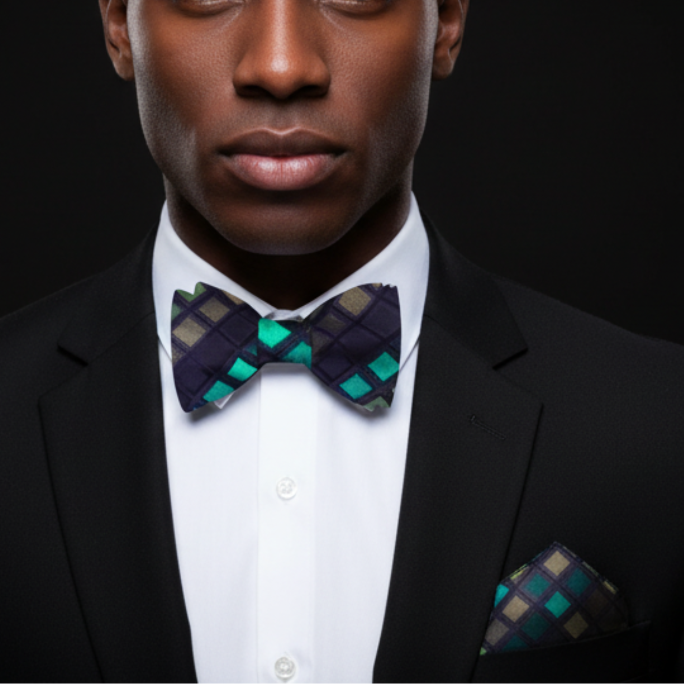Black and Green Squares bow tie and Square on man