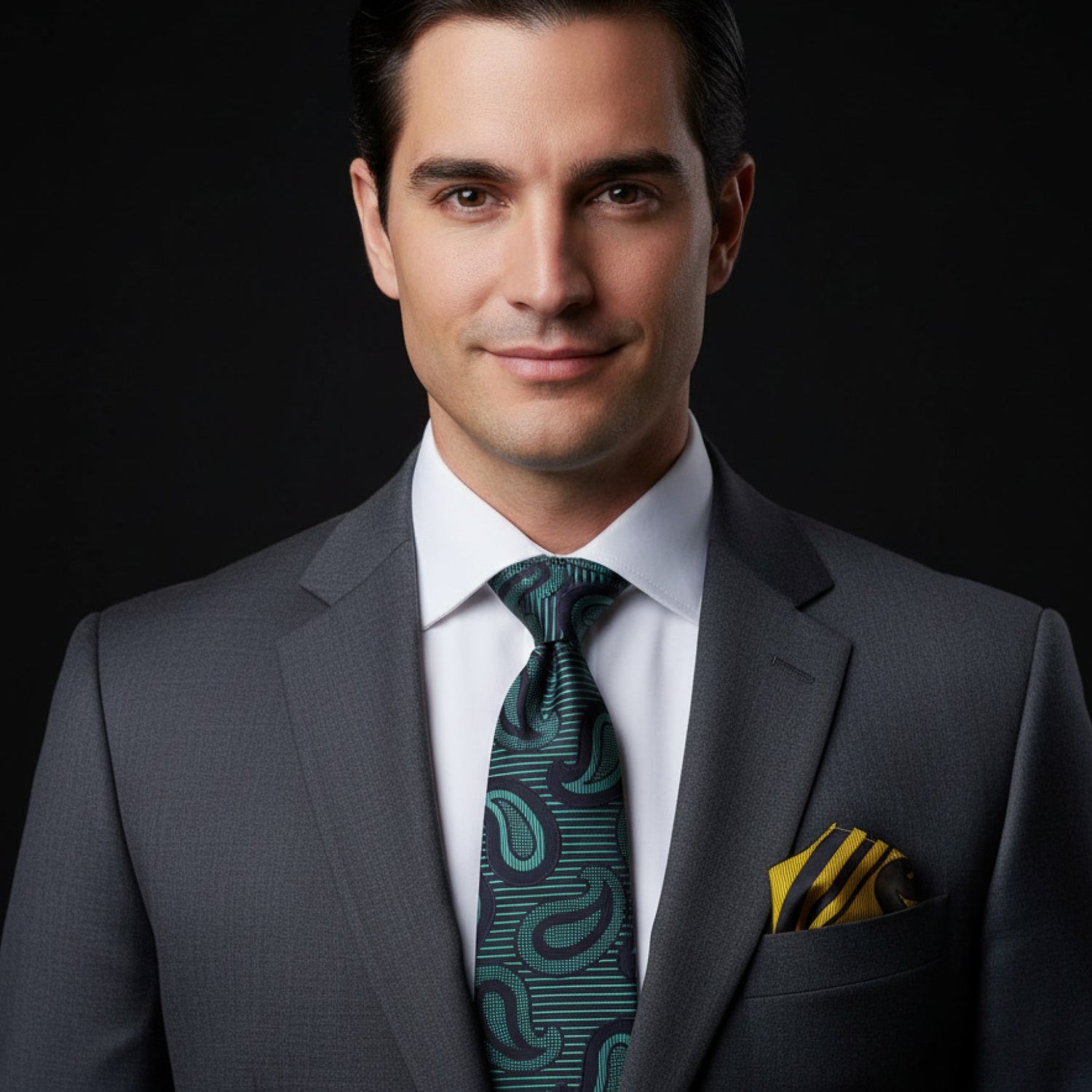 Man wearing a gray suit with a Green Olive Gold Paisley Tie and Pocket Square||Green