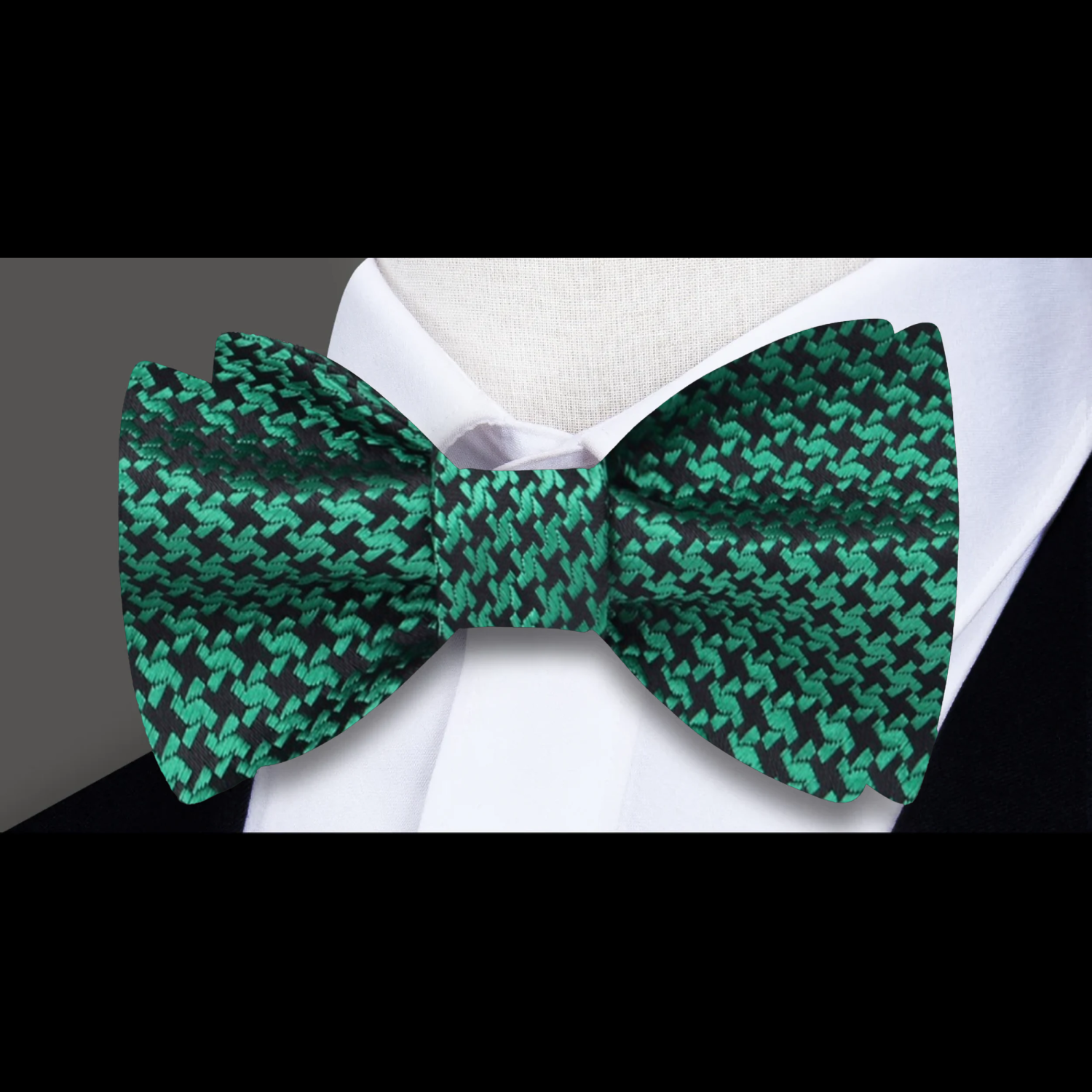 Metallic Green, Black Hounds Tooth Bow Tie Pre Tied