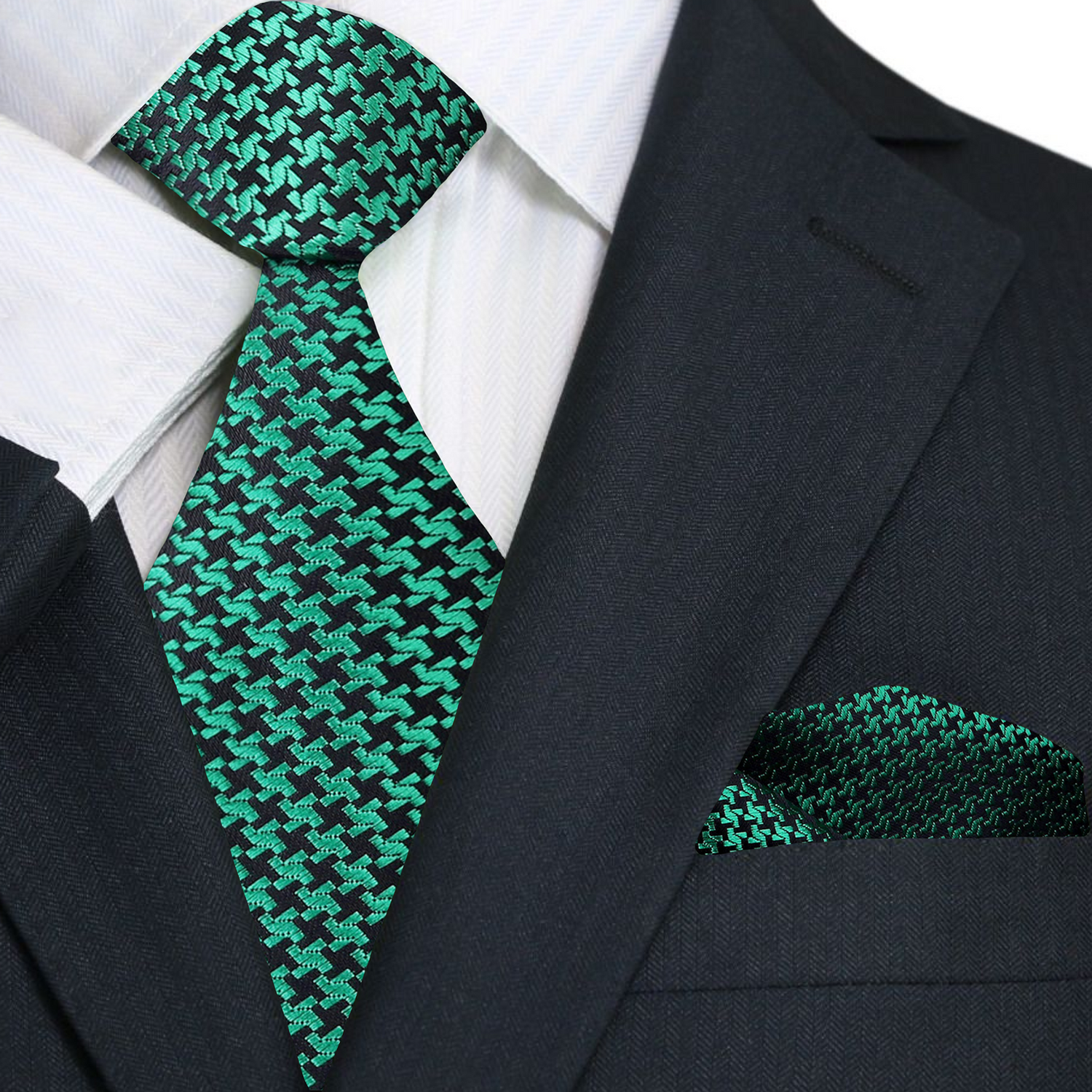 Main: Green, Black Hounds Tooth Tie and Square||Green/Black