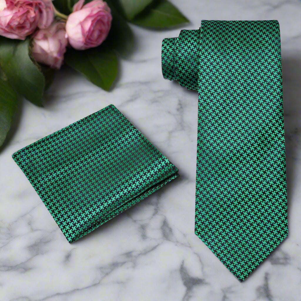 Alt View Metallic Green and Black Hounds Tooth Tie with Pocket Square