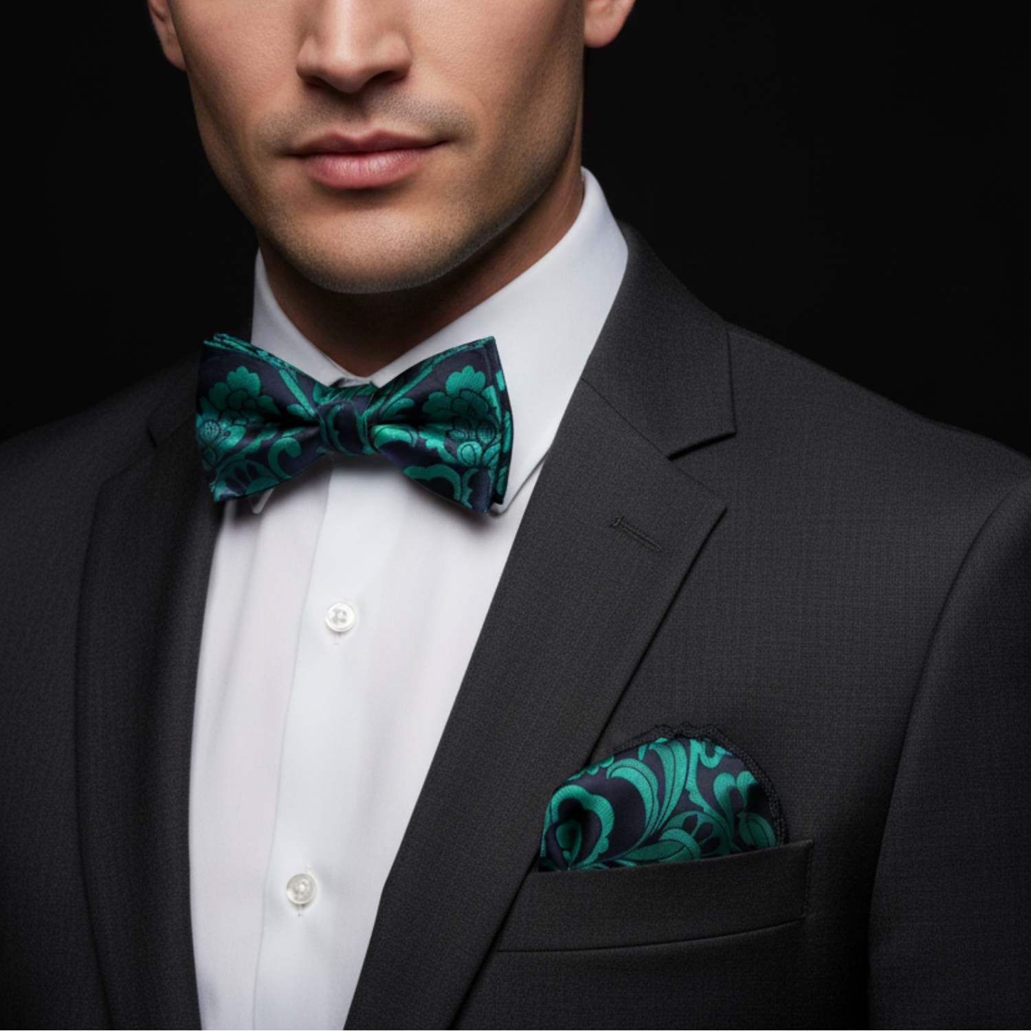 Man wearing a black suit with a green bow tie and pocket square against a dark background