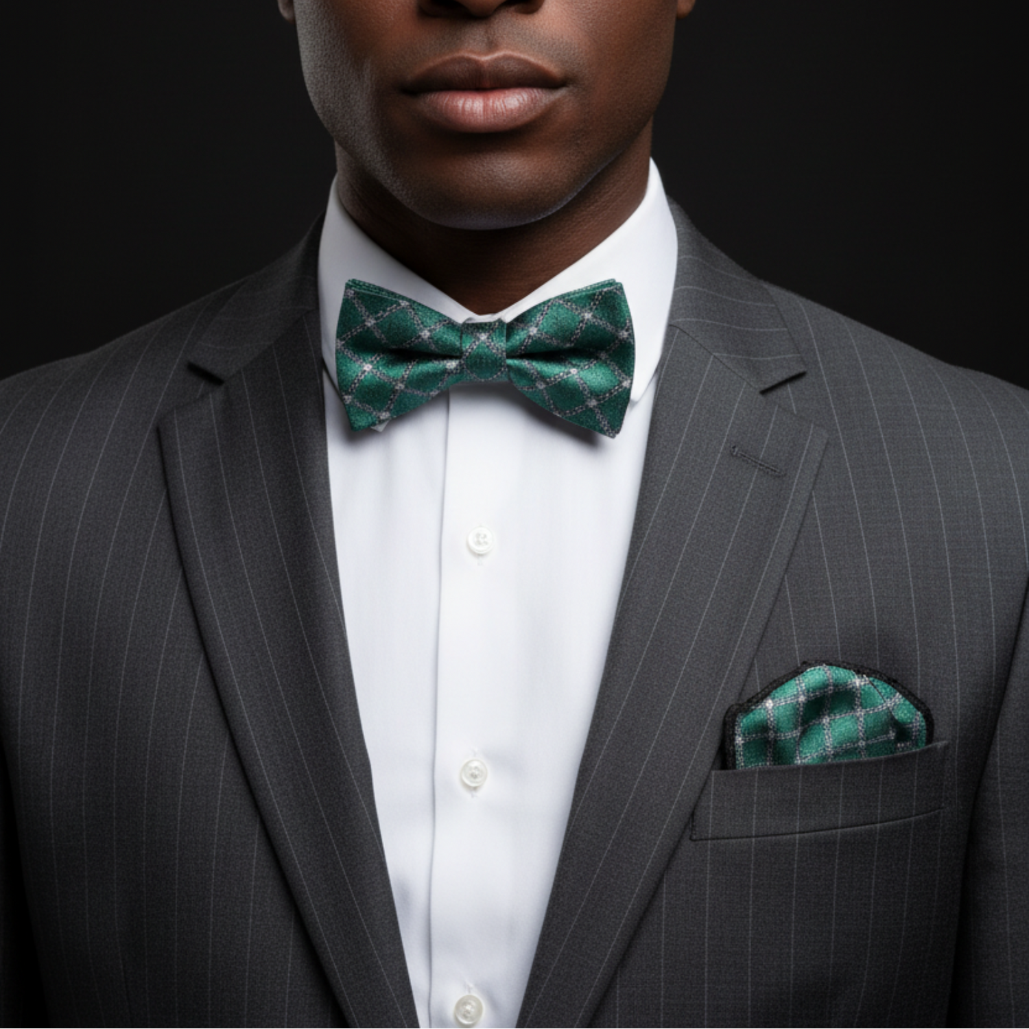 Man wearing a gray suit with a green patterned bow tie and pocket square on a black background