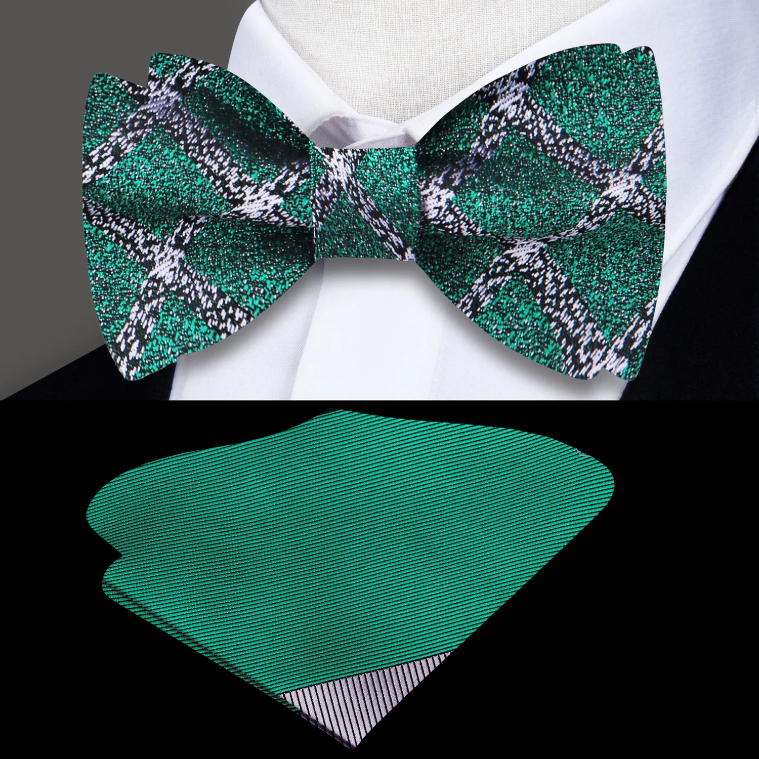 A Green, Black Geometric Abstract Diamond Pattern Silk Self Tie Bow Tie, Accenting Pocket Square
