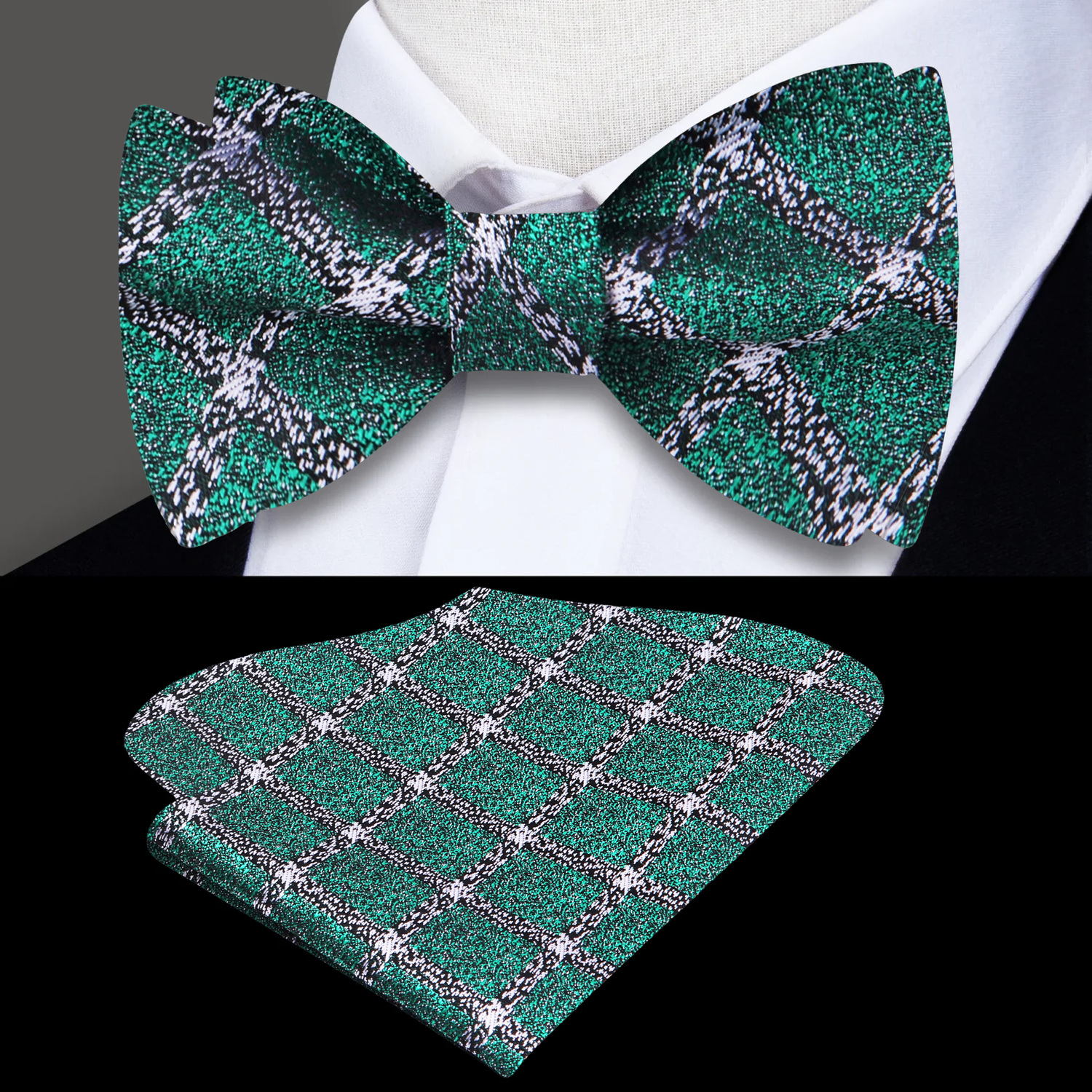 A Green, Black Geometric Abstract Diamond Pattern Silk Self Tie Bow Tie, Matching Pocket Square