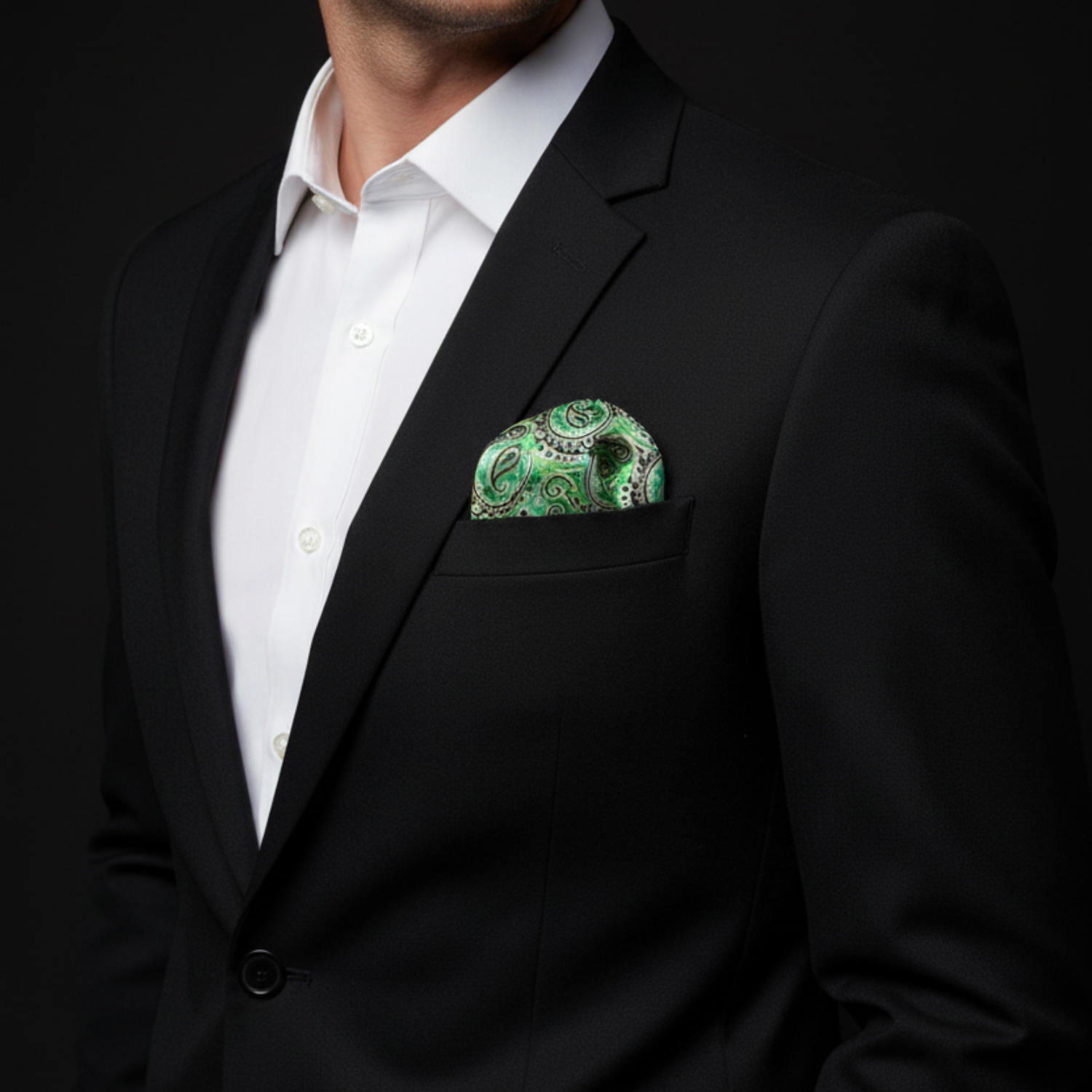 Man wearing a black suit with a white shirt and green paisley pocket square.