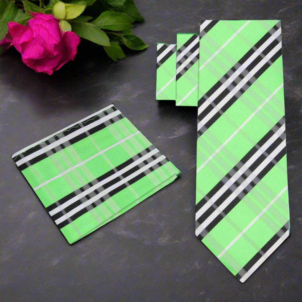 Alt View: Green, Black, White Plaid Necktie and Square
