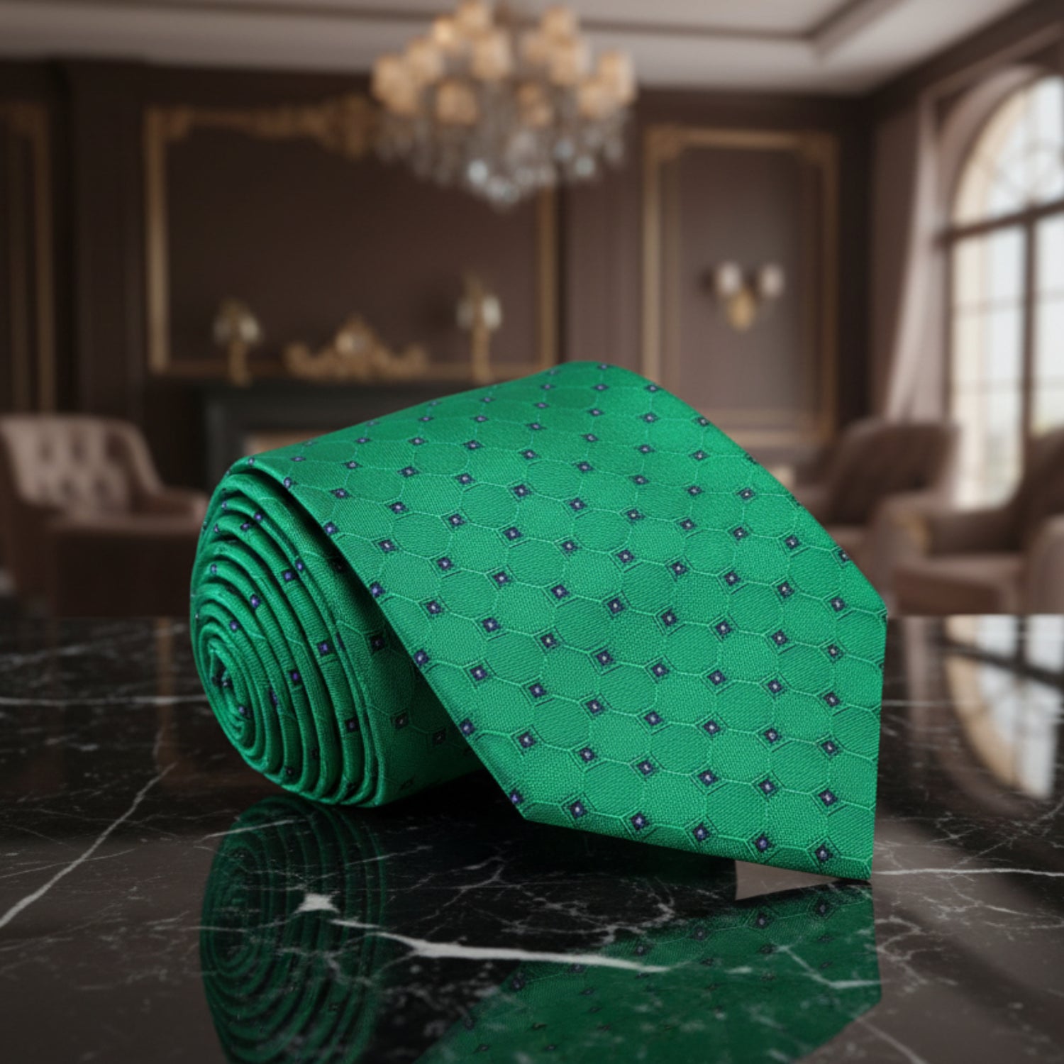 Green tie with a small pattern 