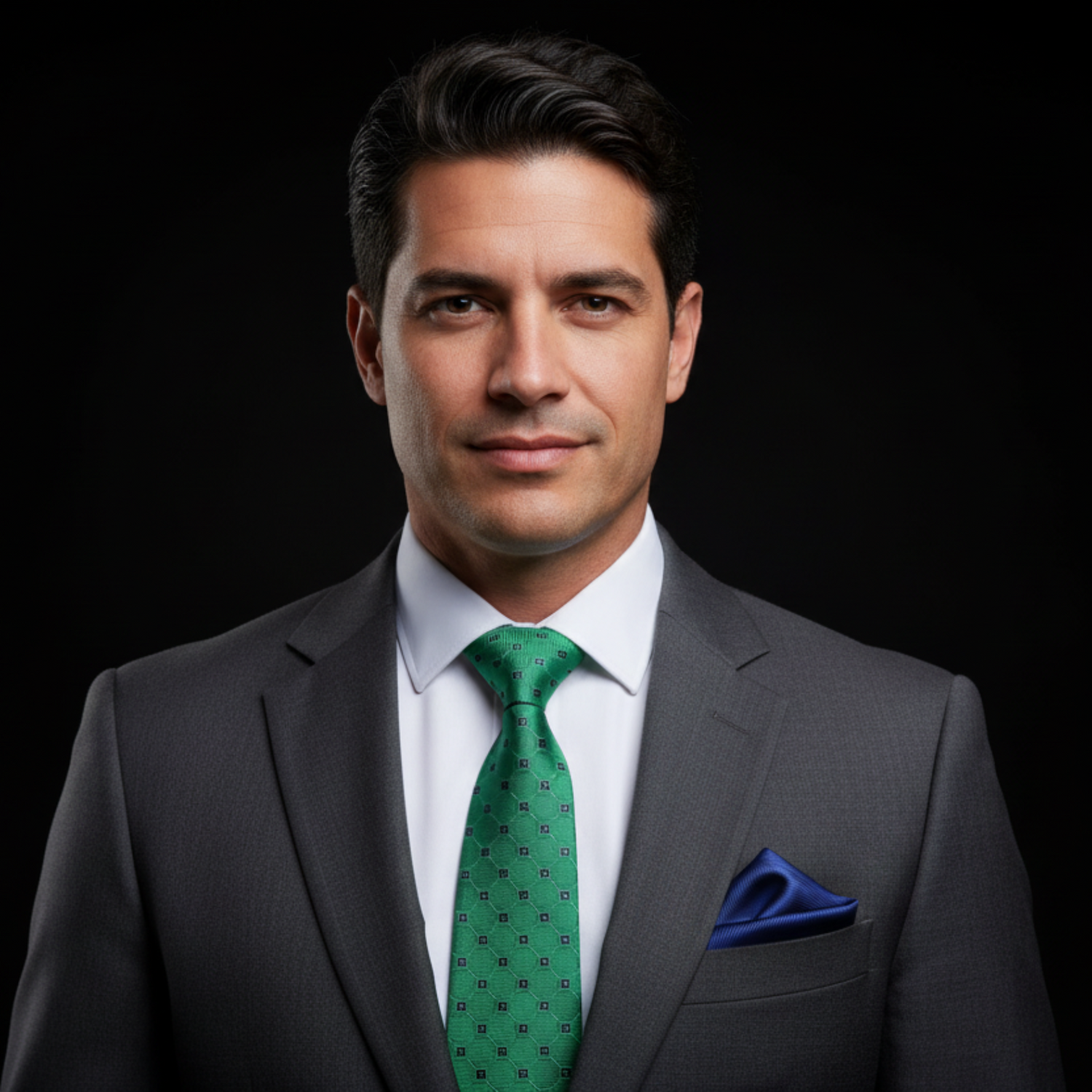Man wearing a gray suit with a green tie and blue pocket square on a black background