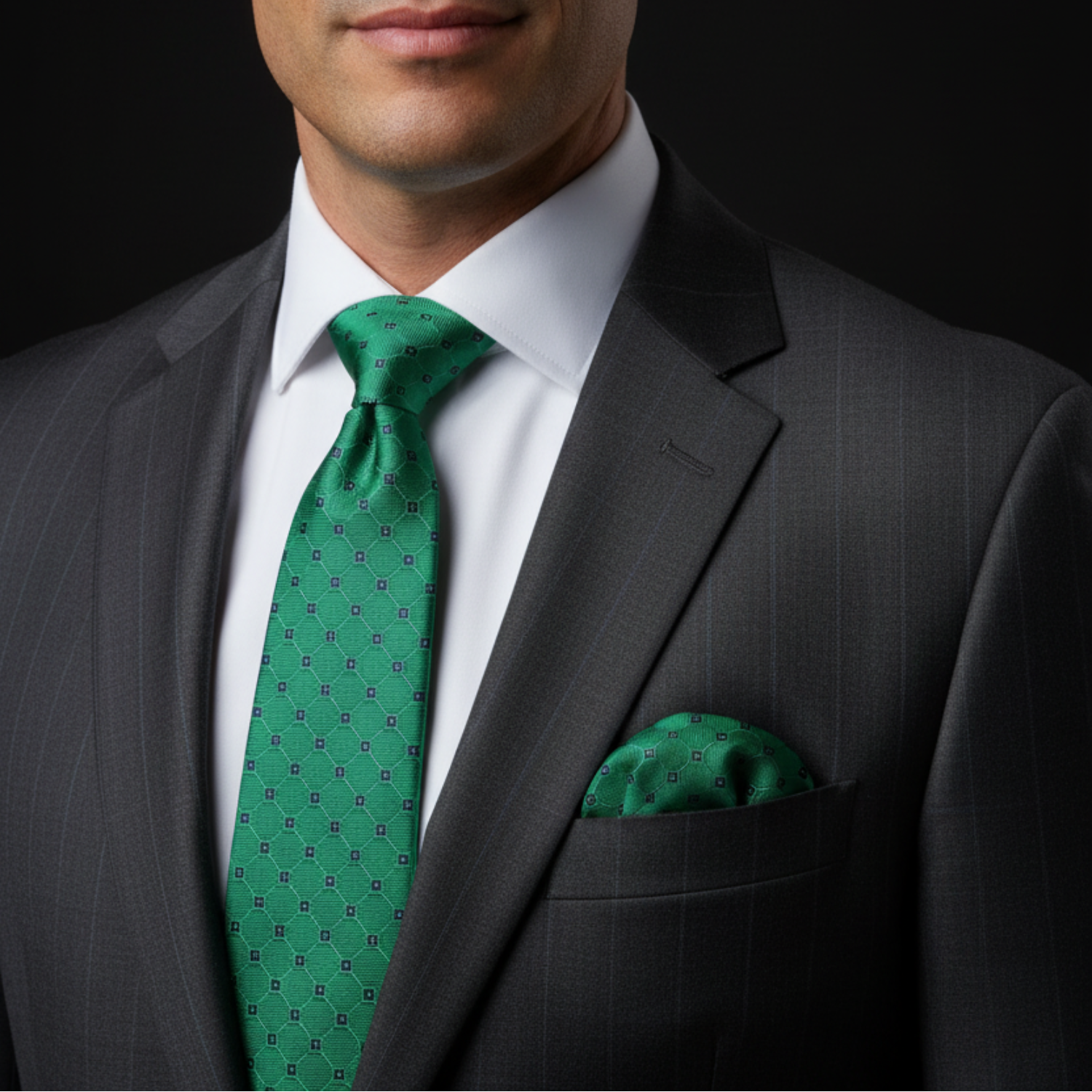 Man wearing a gray suit with a green tie and pocket square against a black background