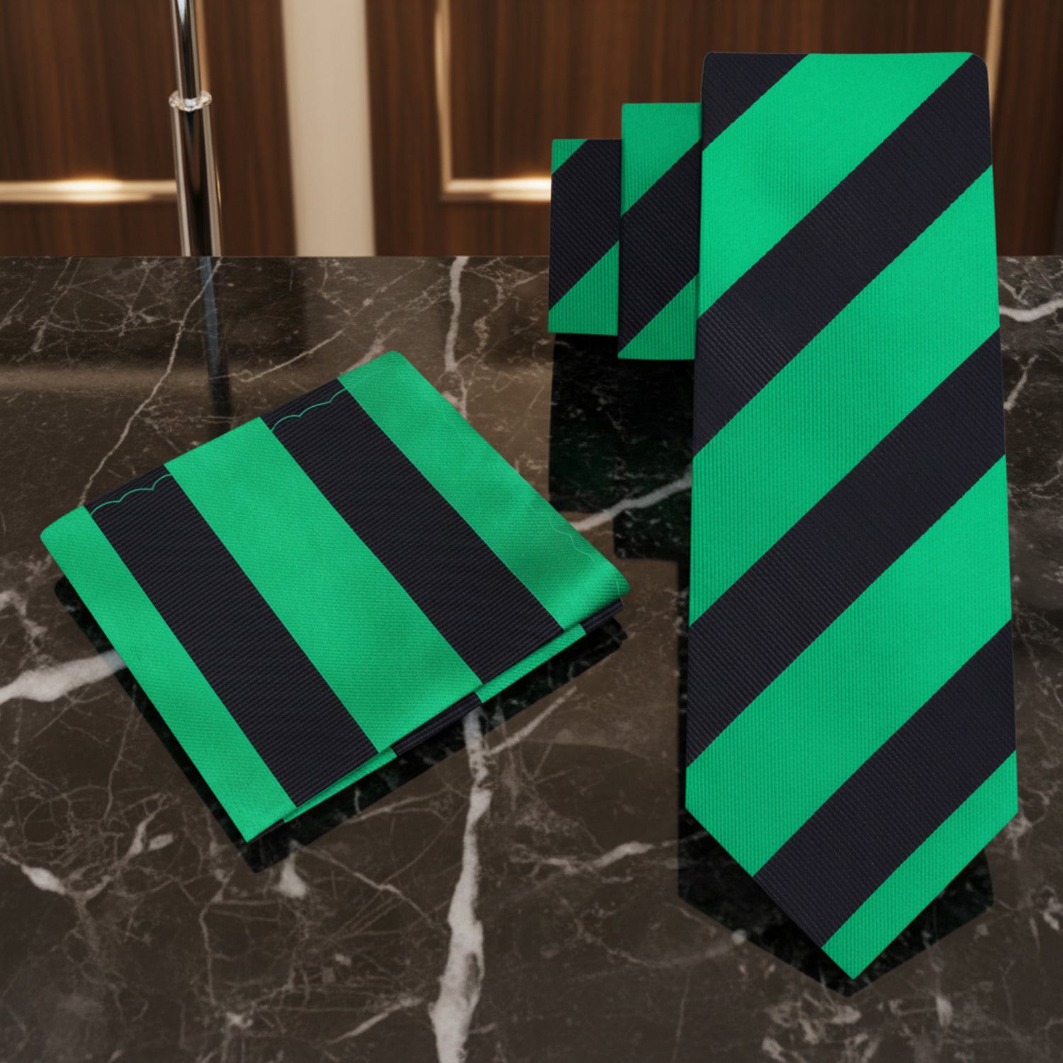 Alt Black and Green Block Stripe Necktie and Accenting Black and Matching Square