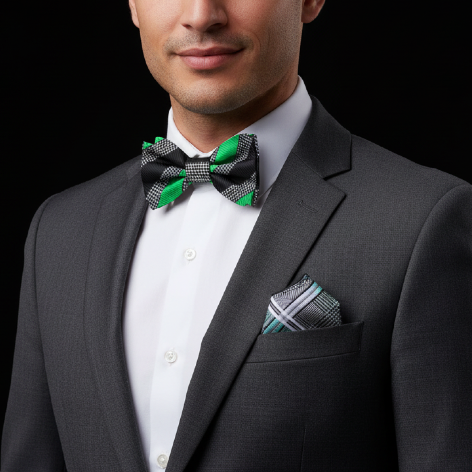 Man wearing a gray suit with a green and black checkered bow tie and pocket square on a black background