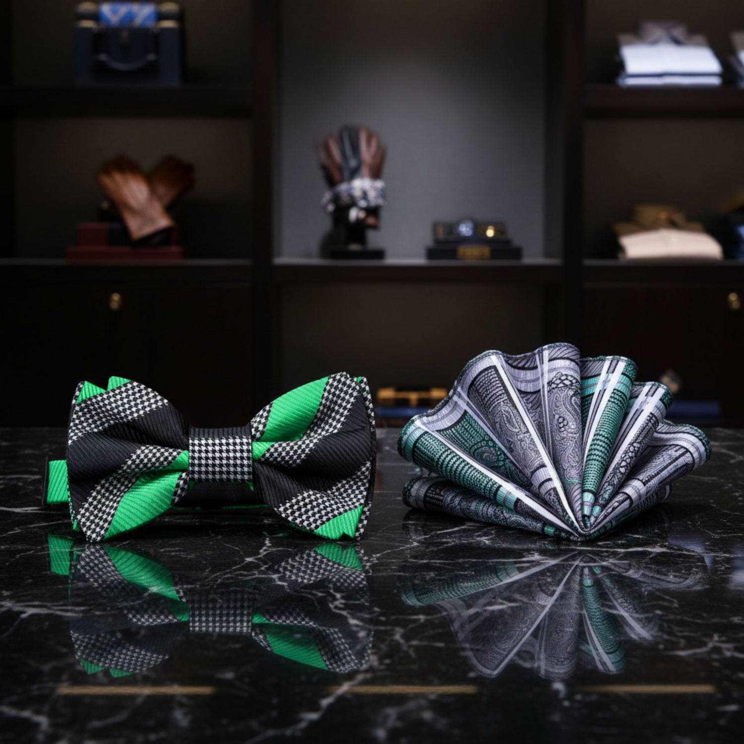 Black, Green Stripe Bow Tie and Accenting Pocket Square