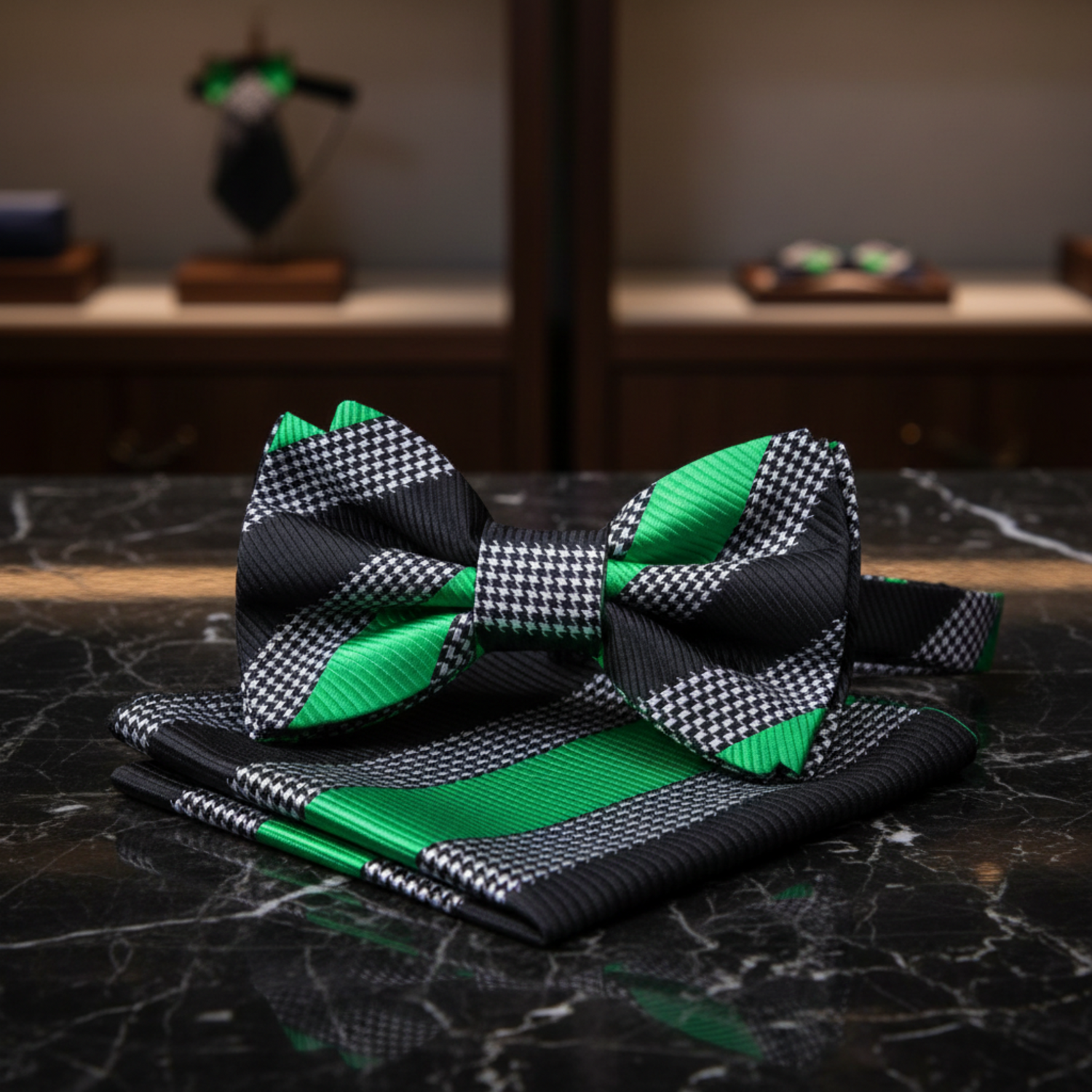 Black, Green Stripe Bow Tie and Pocket Square