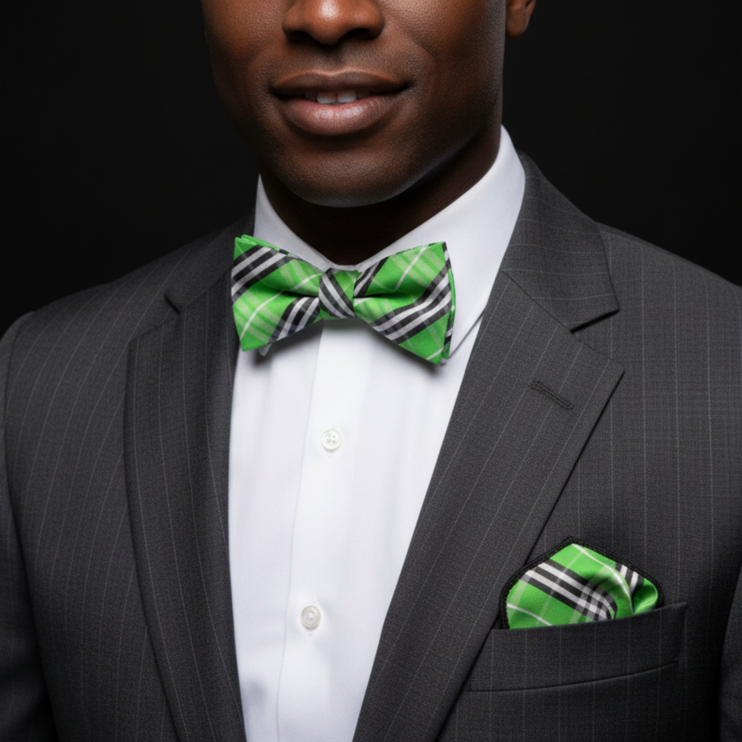 A man wearing a dark gray pinstripe suit, white dress shirt, and a green and black plaid bow tie with a matching pocket square, set against a solid black background.