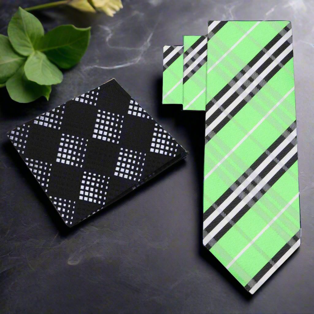 Alt view: Green, Black, White Plaid Necktie and Black Accenting Square