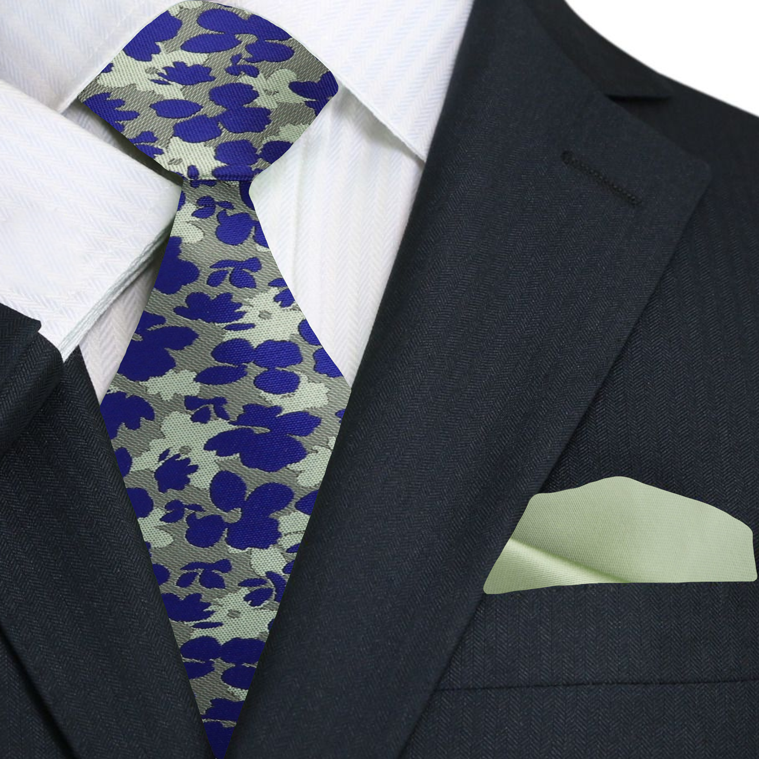 Premium Green ad Blue Sketched Flowers Silk Tie and Accenting Laurel Green Pocket Square