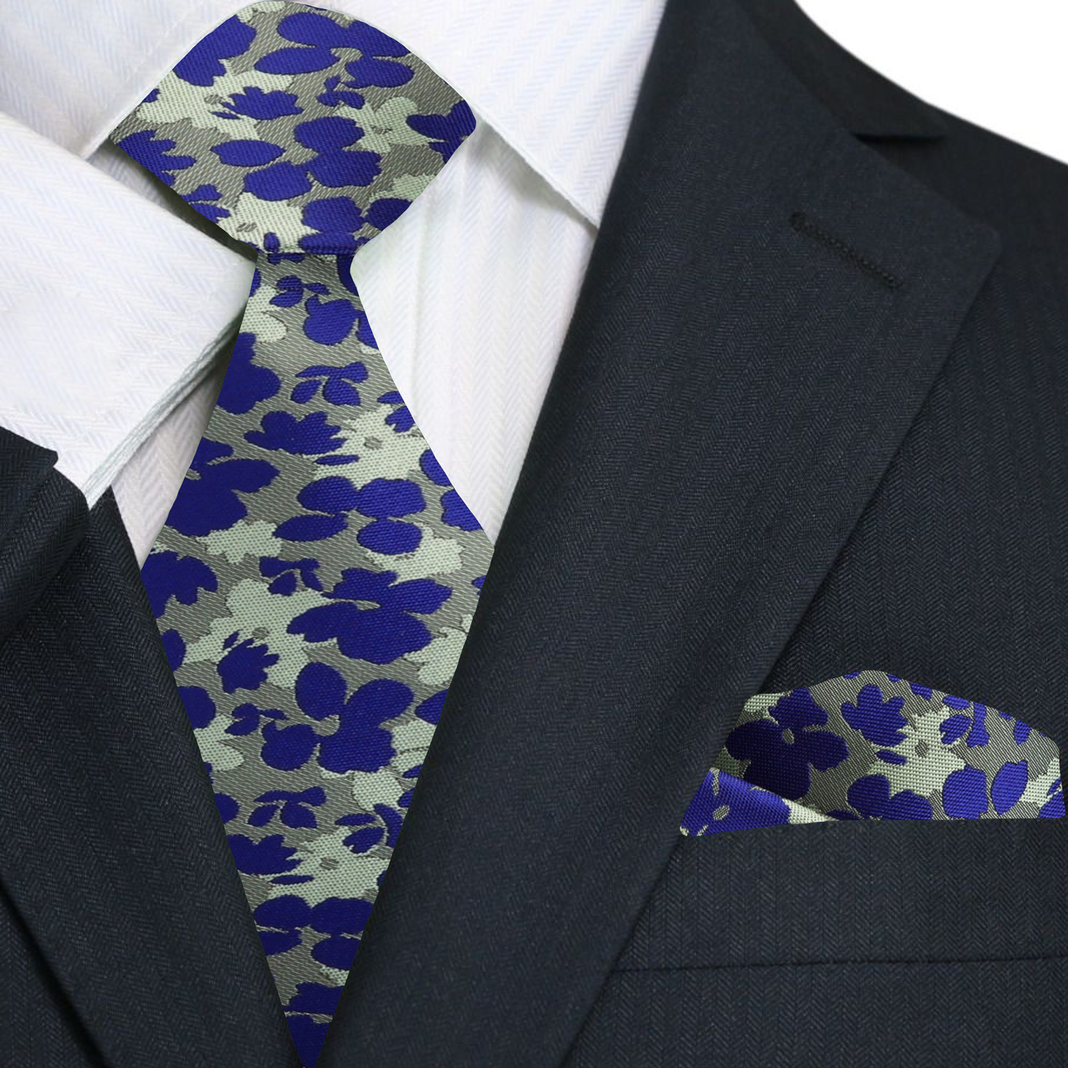 Premium  Green ad Blue Sketched Flowers Tie and Pocket Square