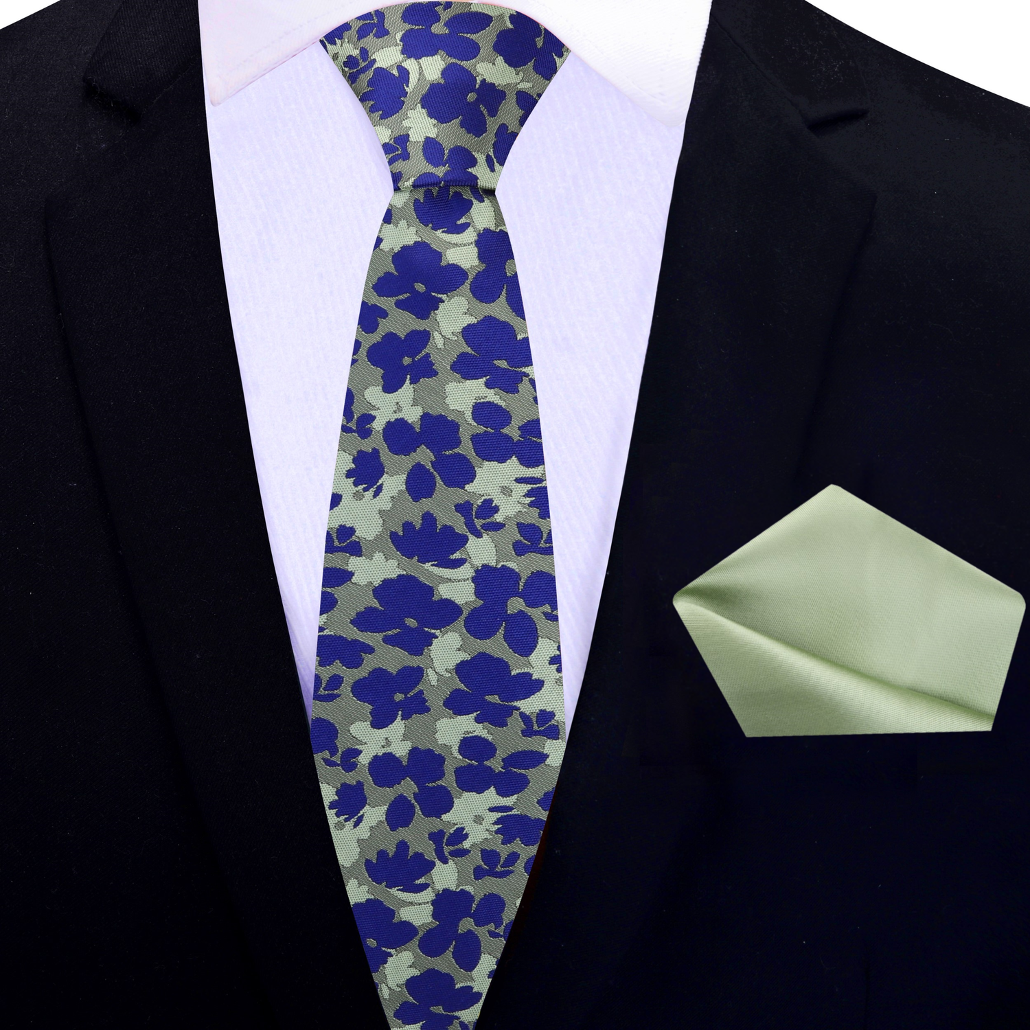 Green and Blue Sketched Flowers Silk Thin Tie and Accenting Laurel Green Pocket Square
