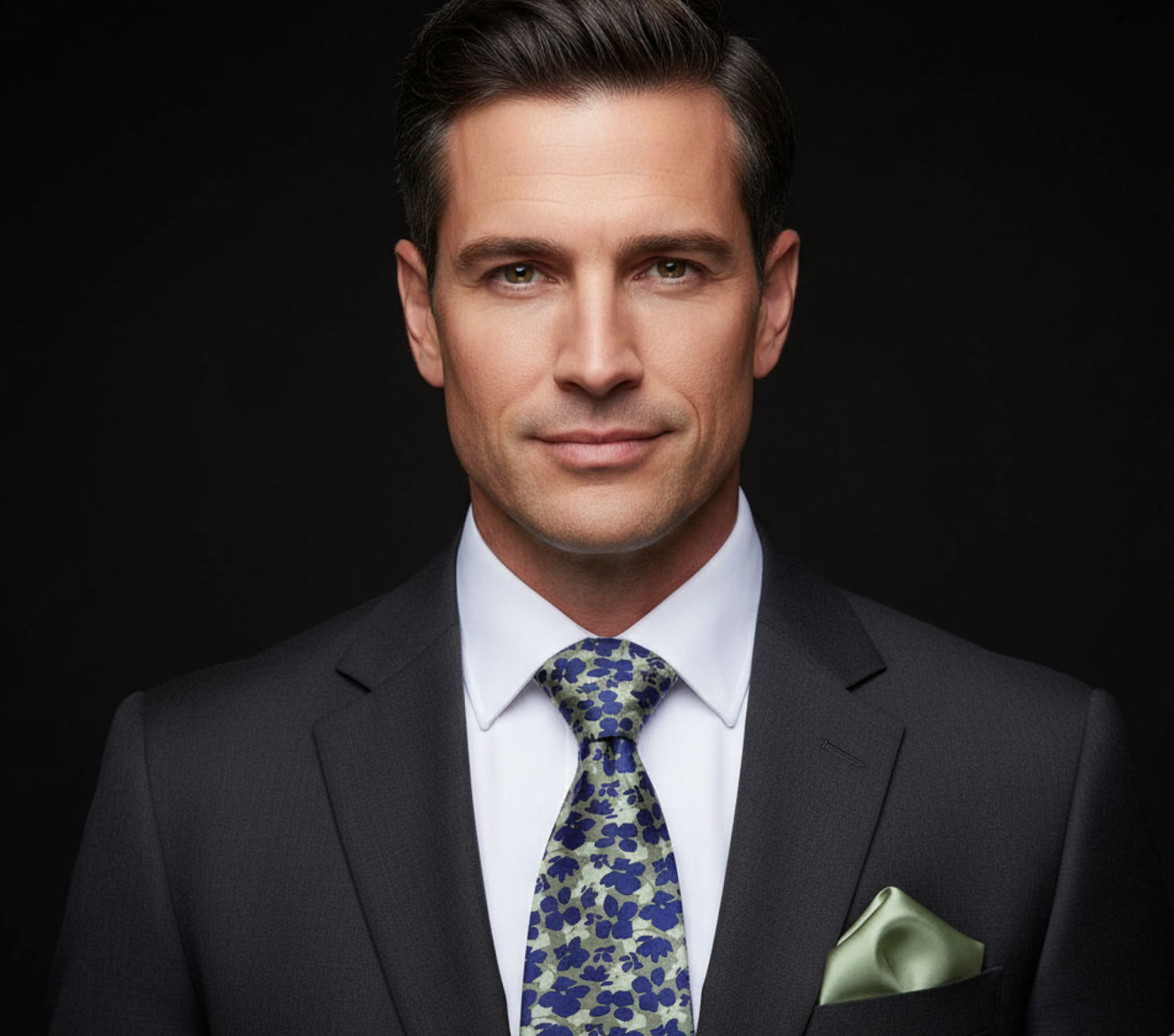 Man wearing a dark suit with a blue green floral tie and green pocket square on a black background