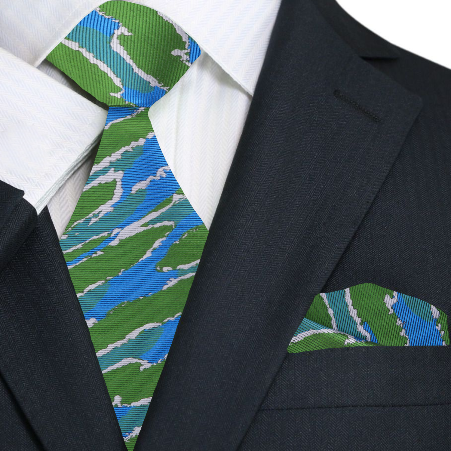 Primary Blue, Green Abstract Tie and Pocket Square