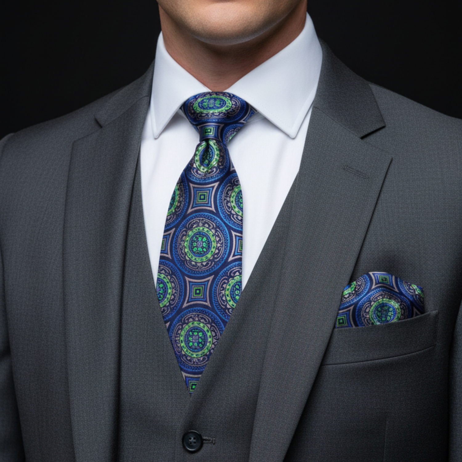 Gray suit with a patterned blue tie and pocket square on a black background