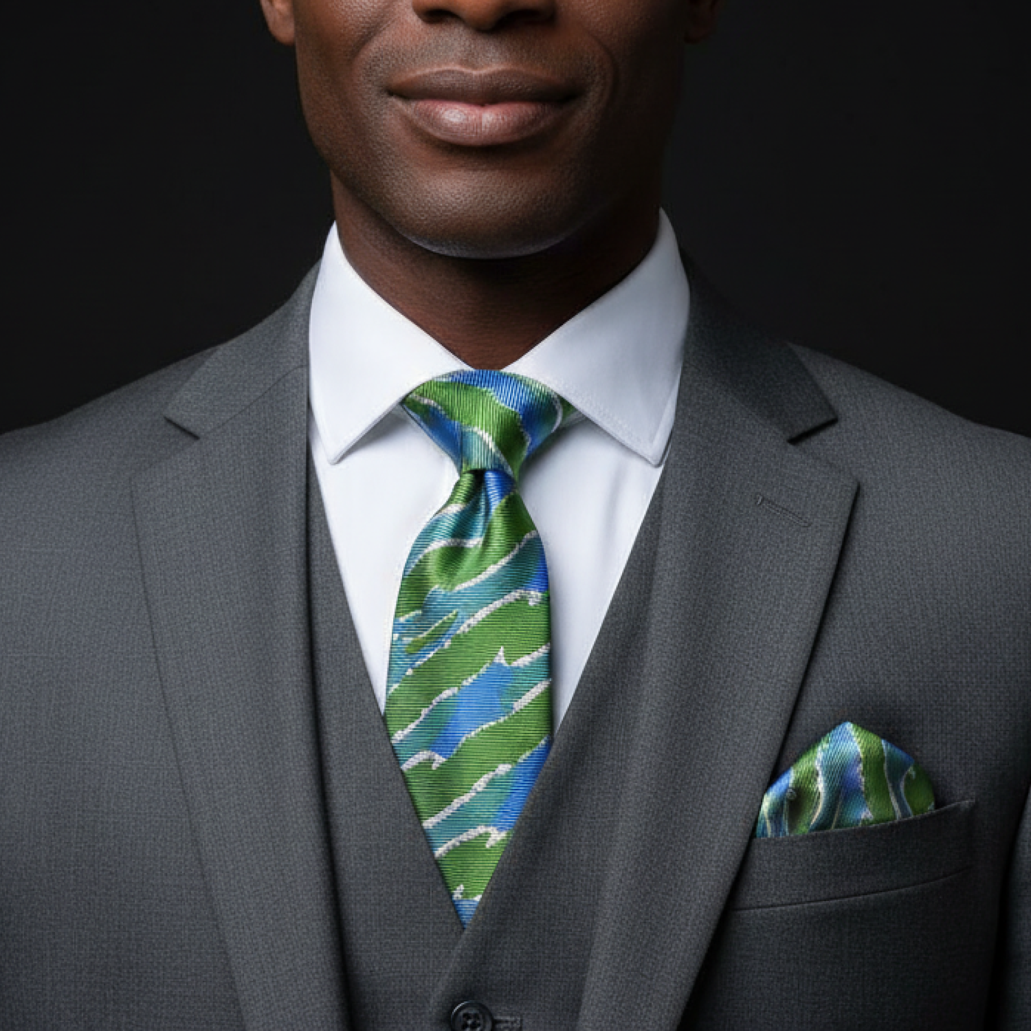 Man wearing a gray suit with a green and blue patterned tie and pocket square against a black background