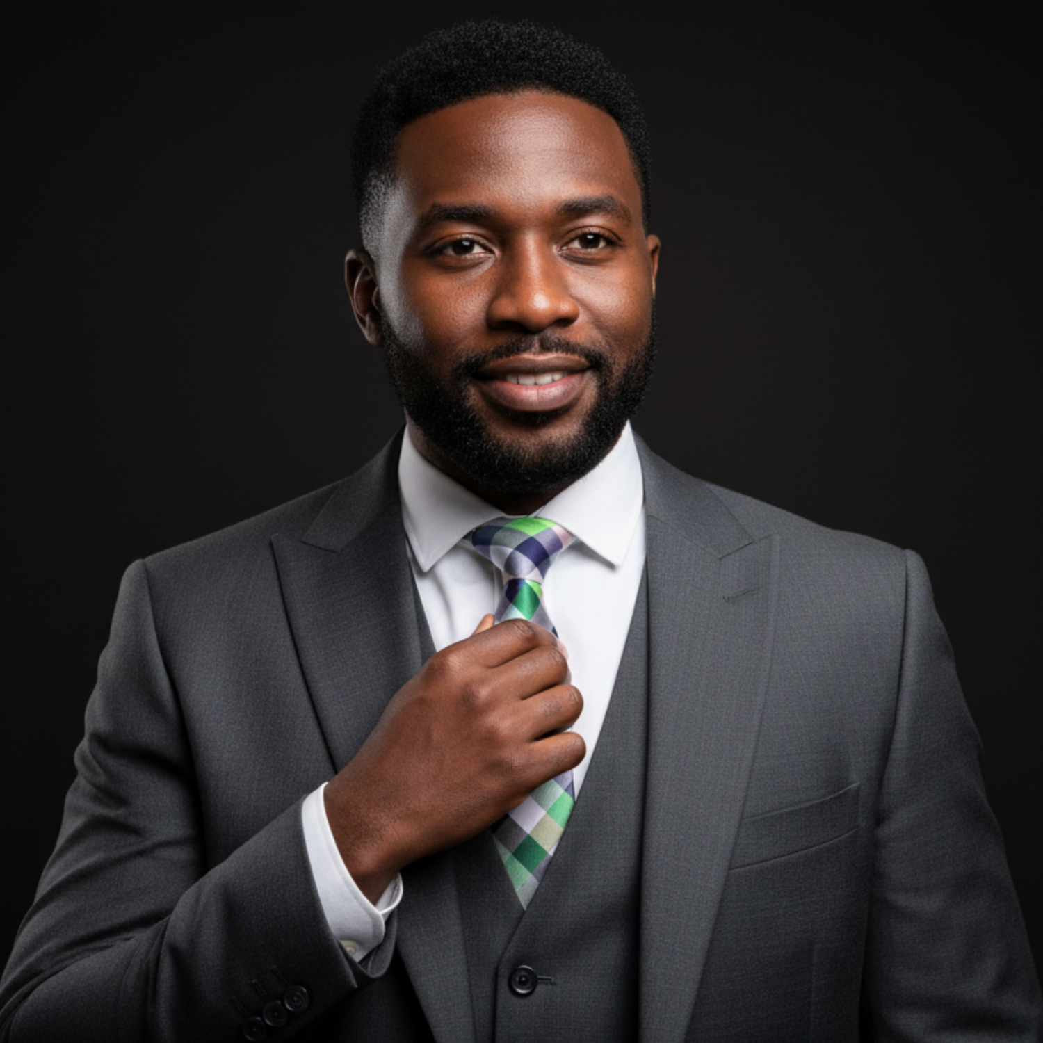 Man wearing a gray suit with a green and blue striped tie against a black background