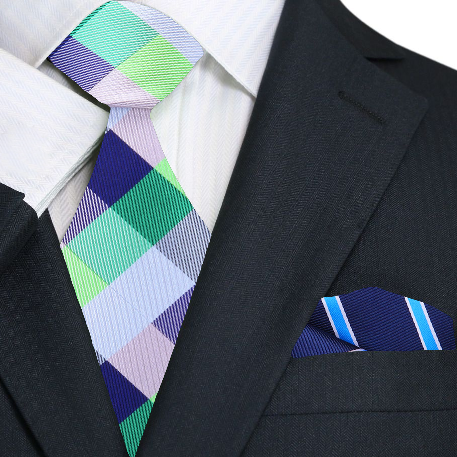 Main: Green and Blue Check Tie and Accenting Blue Stripe Pocket Square
