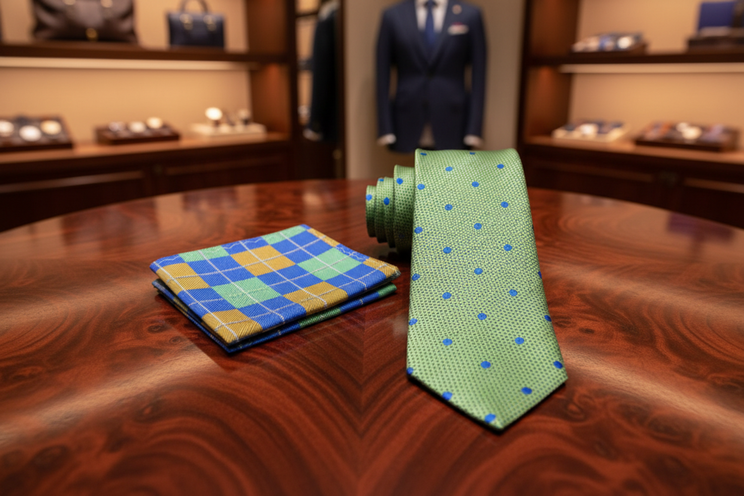 Alt Green, Blue Dots Necktie and Accenting Argyle Square