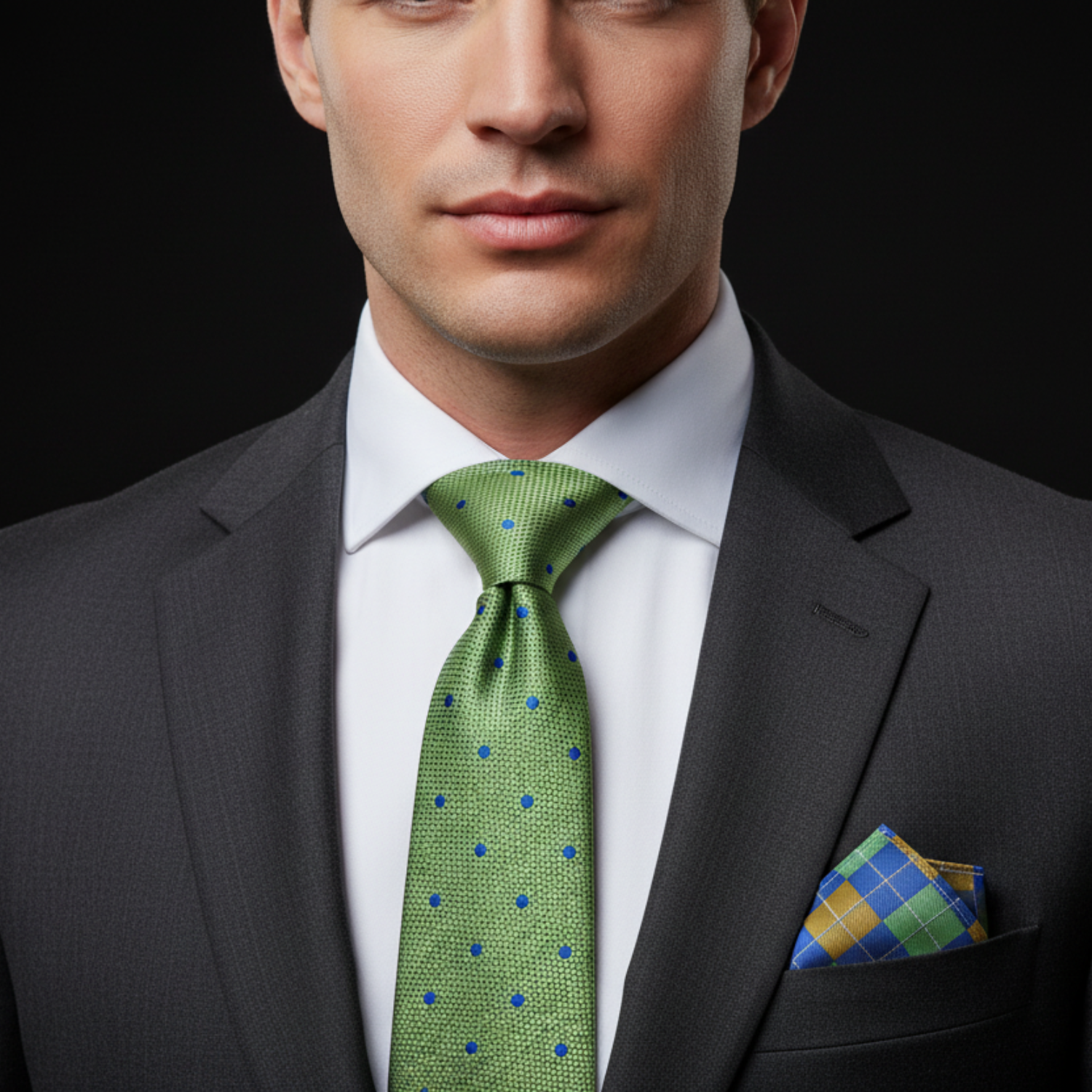 Man wearing a gray suit with a green polka dot tie and colorful pocket square on a black background