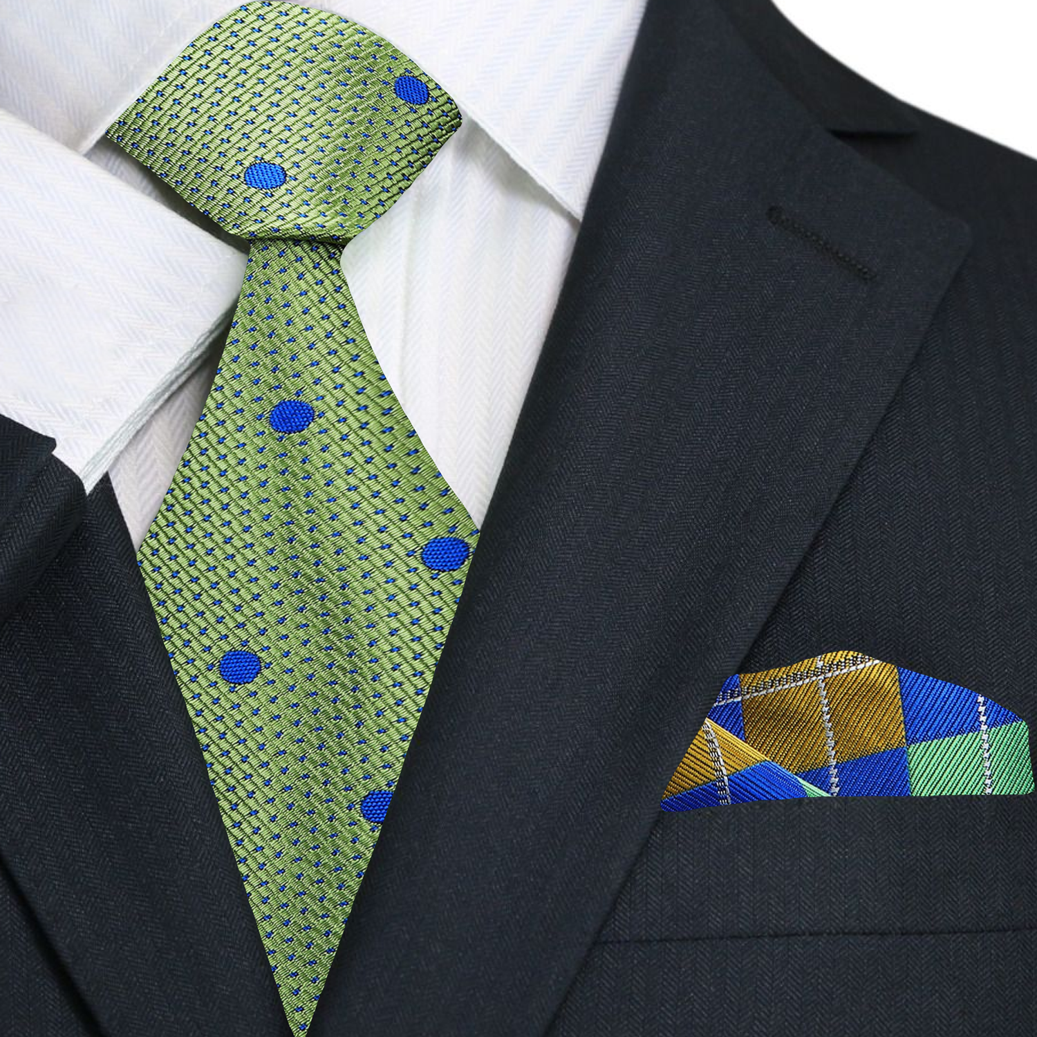Green, Blue Dots Necktie and Accenting Argyle Square