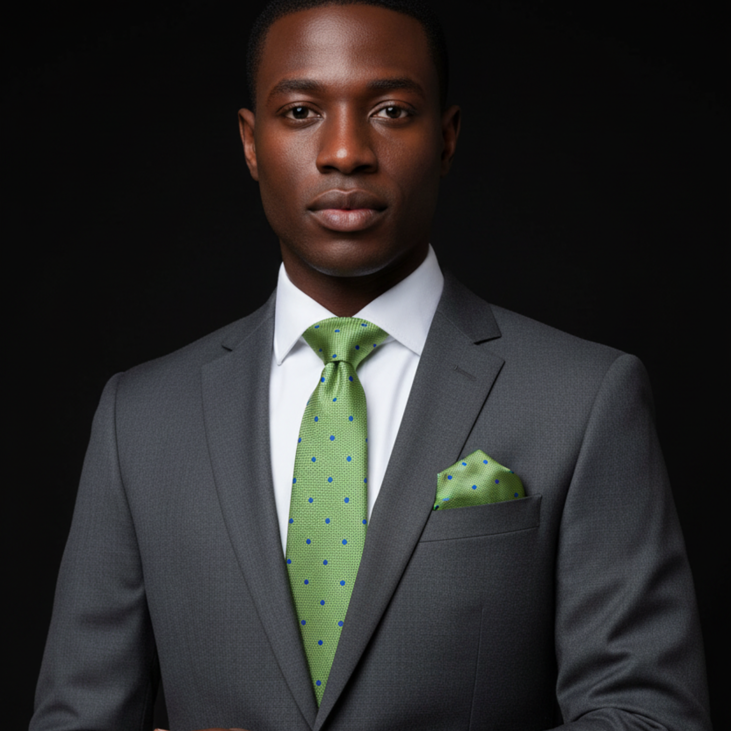 Man wearing a gray suit with a green tie and pocket square on a black background