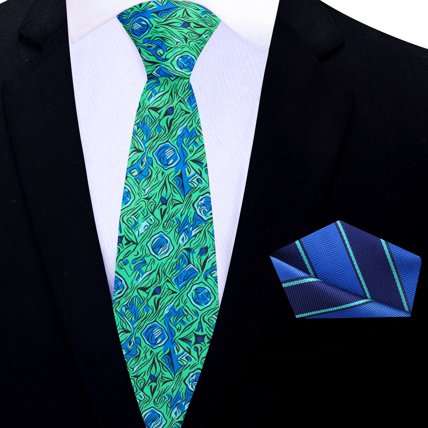 Thin Green and Blue Abstract necktie and square
